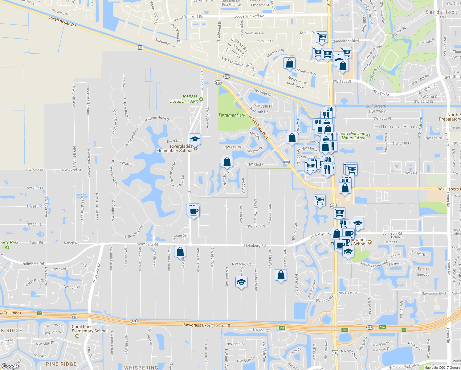 map of restaurants, bars, coffee shops, grocery stores, and more near 7057 Northwest 67th Terrace in Parkland