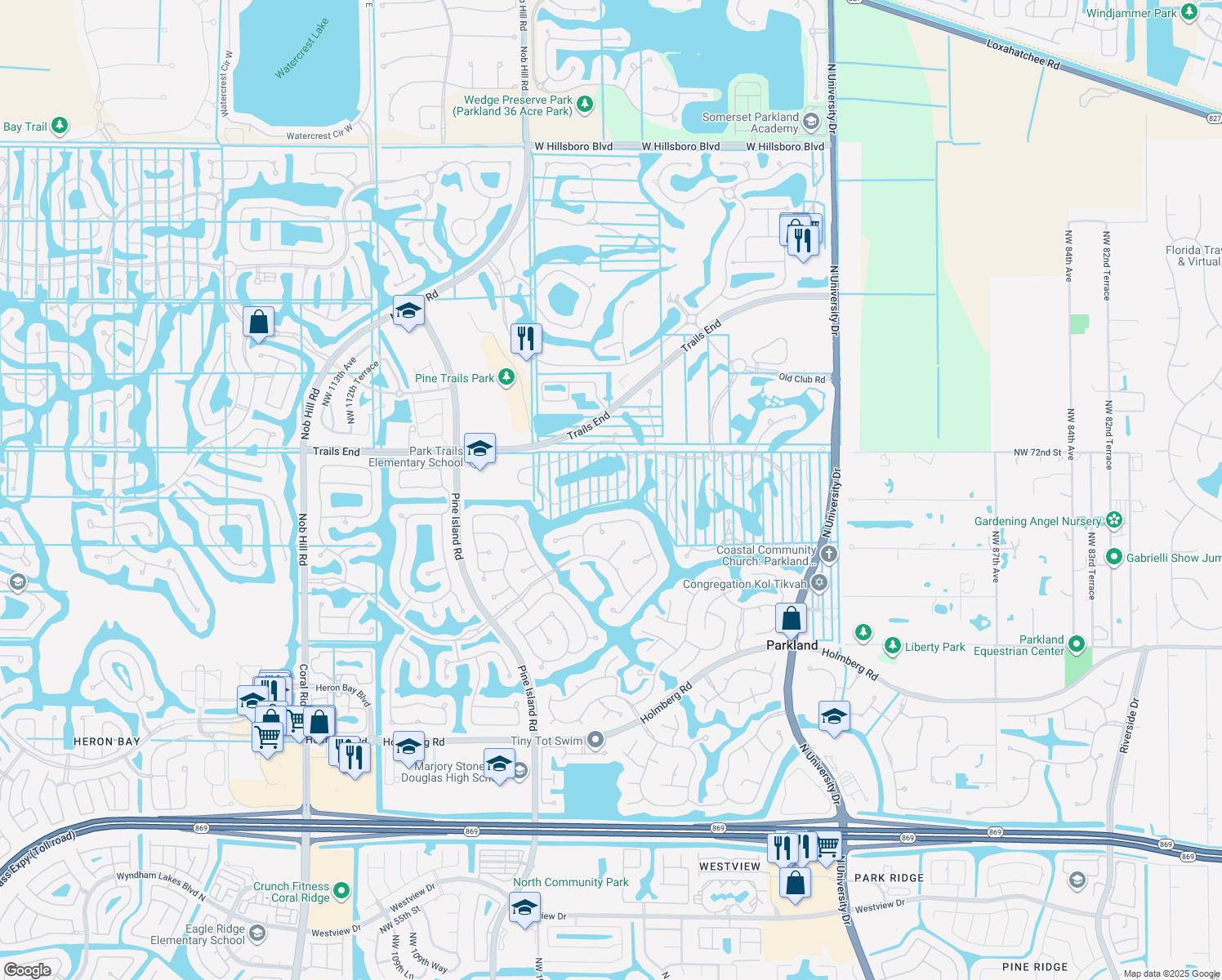 map of restaurants, bars, coffee shops, grocery stores, and more near 10190 Sweet Bay Court in Parkland