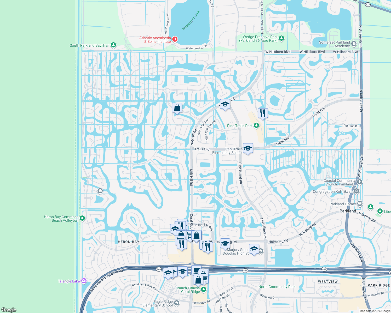 map of restaurants, bars, coffee shops, grocery stores, and more near 7119 Northwest 113th Avenue in Parkland
