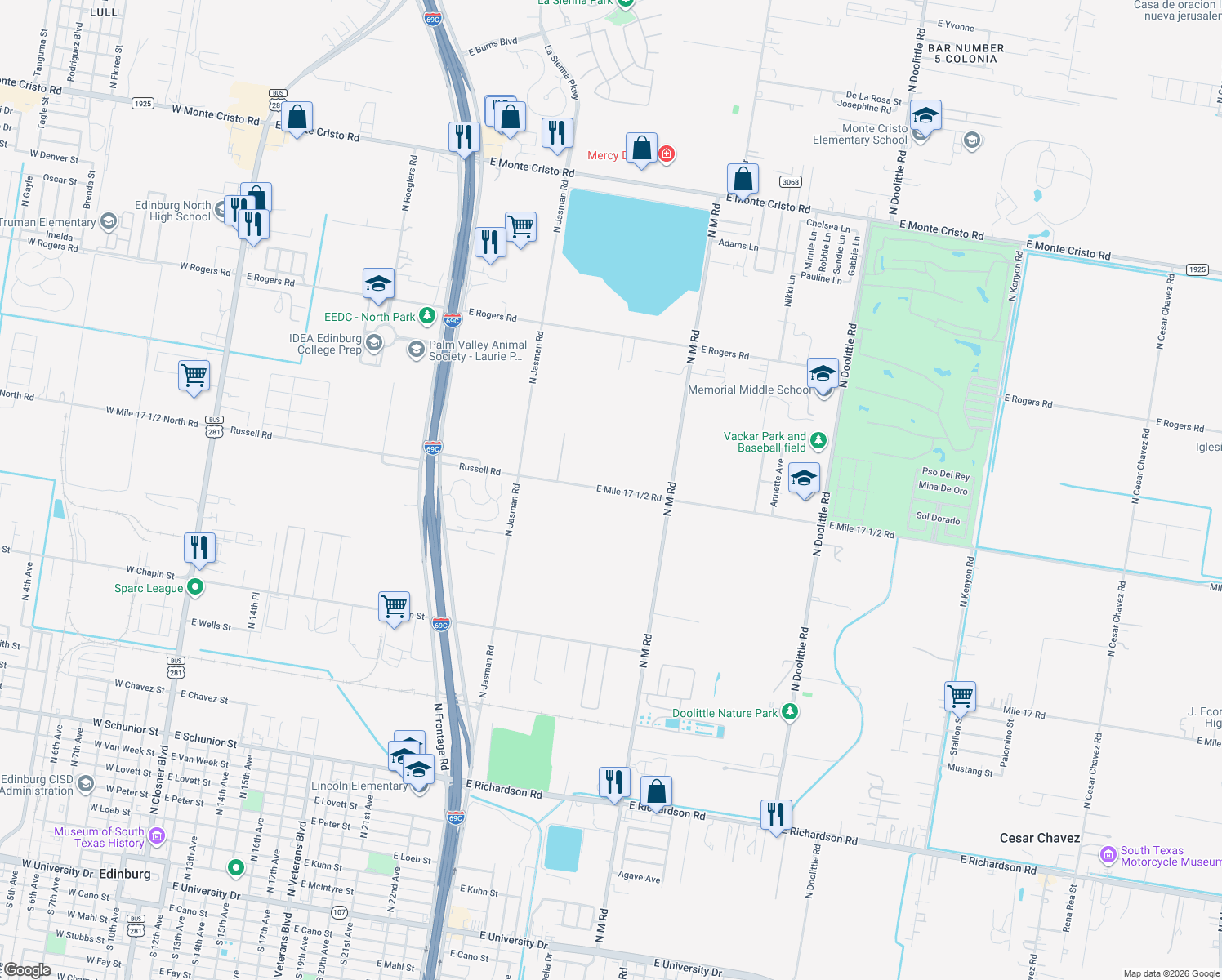 map of restaurants, bars, coffee shops, grocery stores, and more near 2731 E Mile 17 1/2 Rd in Edinburg