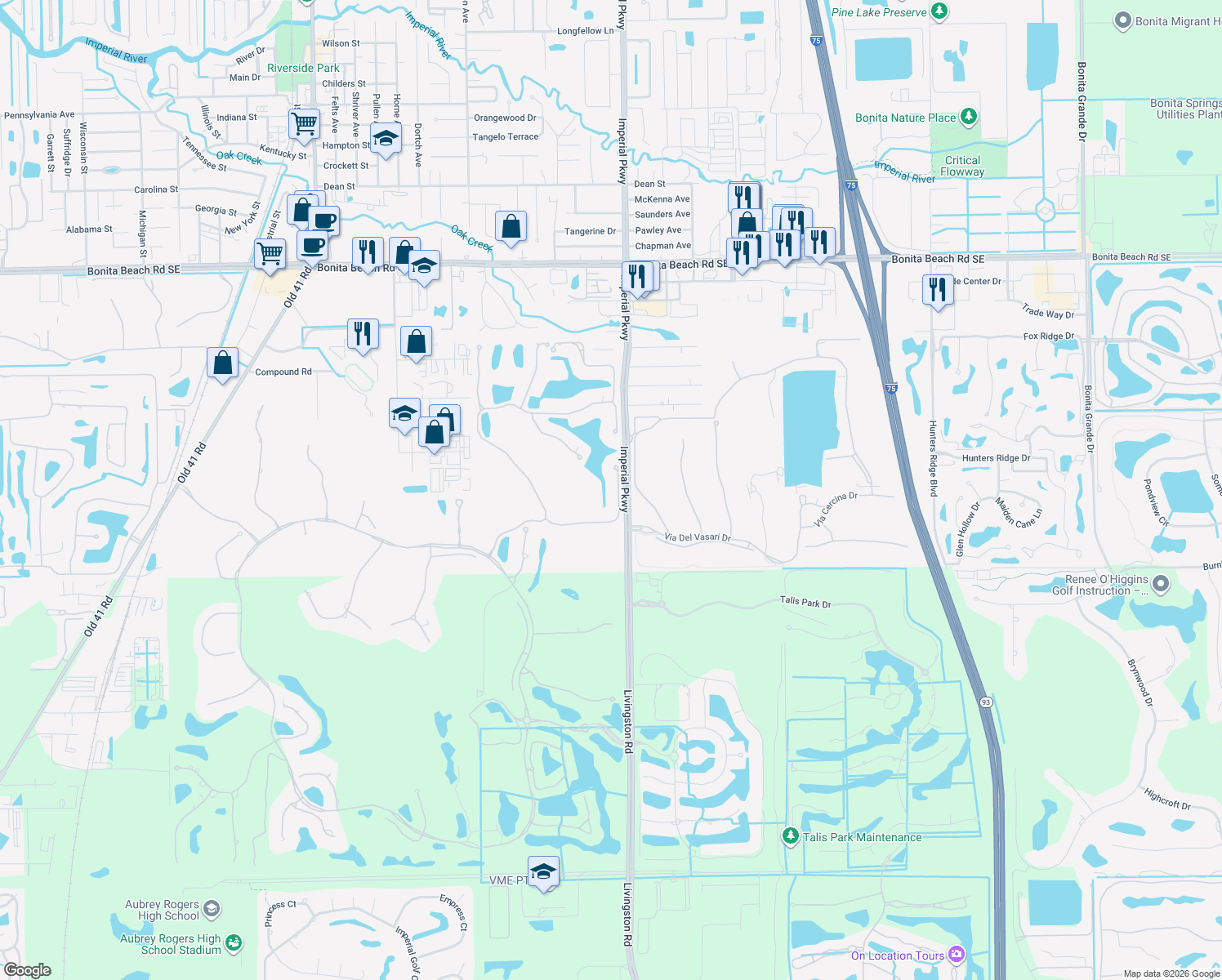 map of restaurants, bars, coffee shops, grocery stores, and more near 18212 Lagos Way in Naples