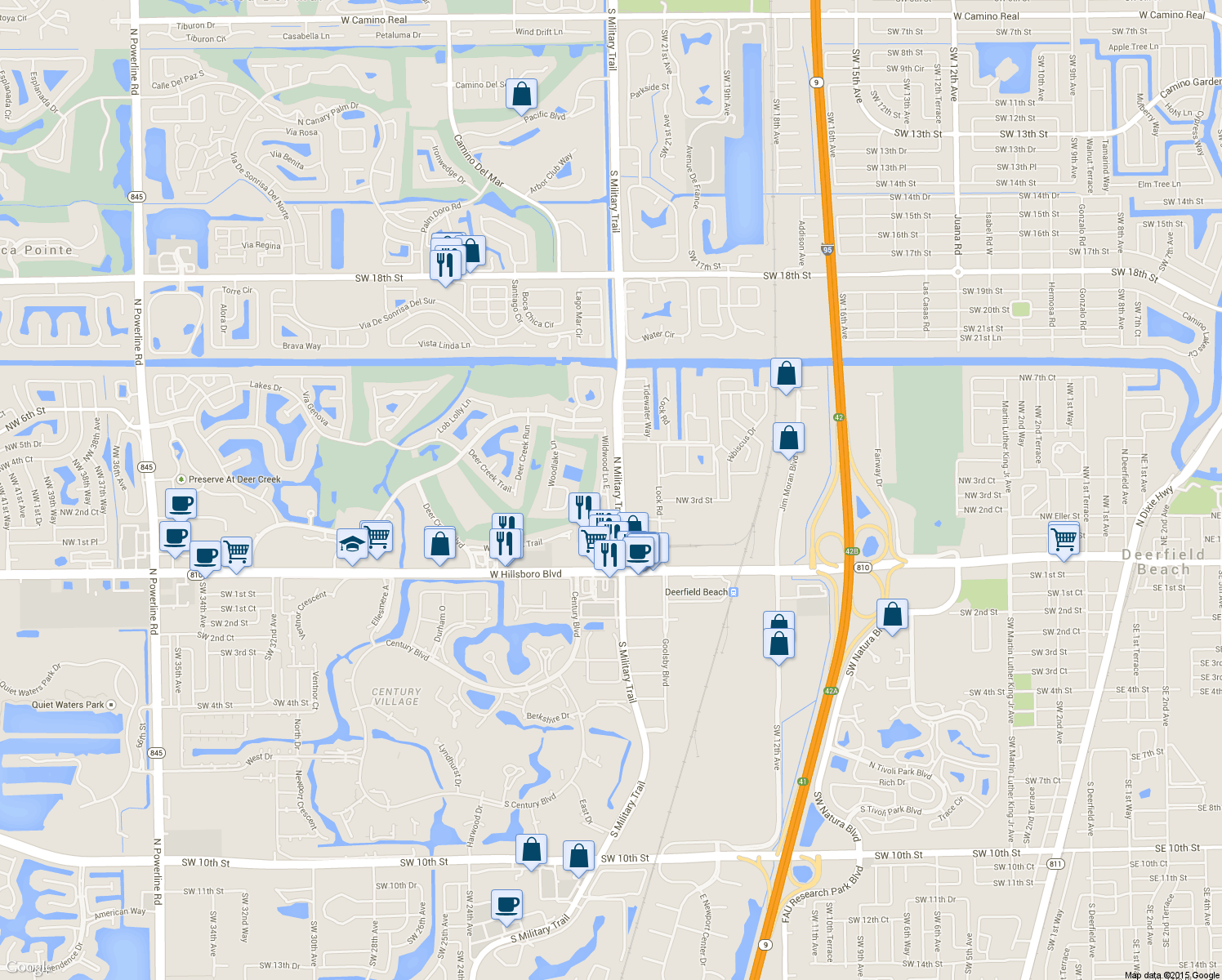 map of restaurants, bars, coffee shops, grocery stores, and more near 314 Wildwood Lane East in Deerfield Beach
