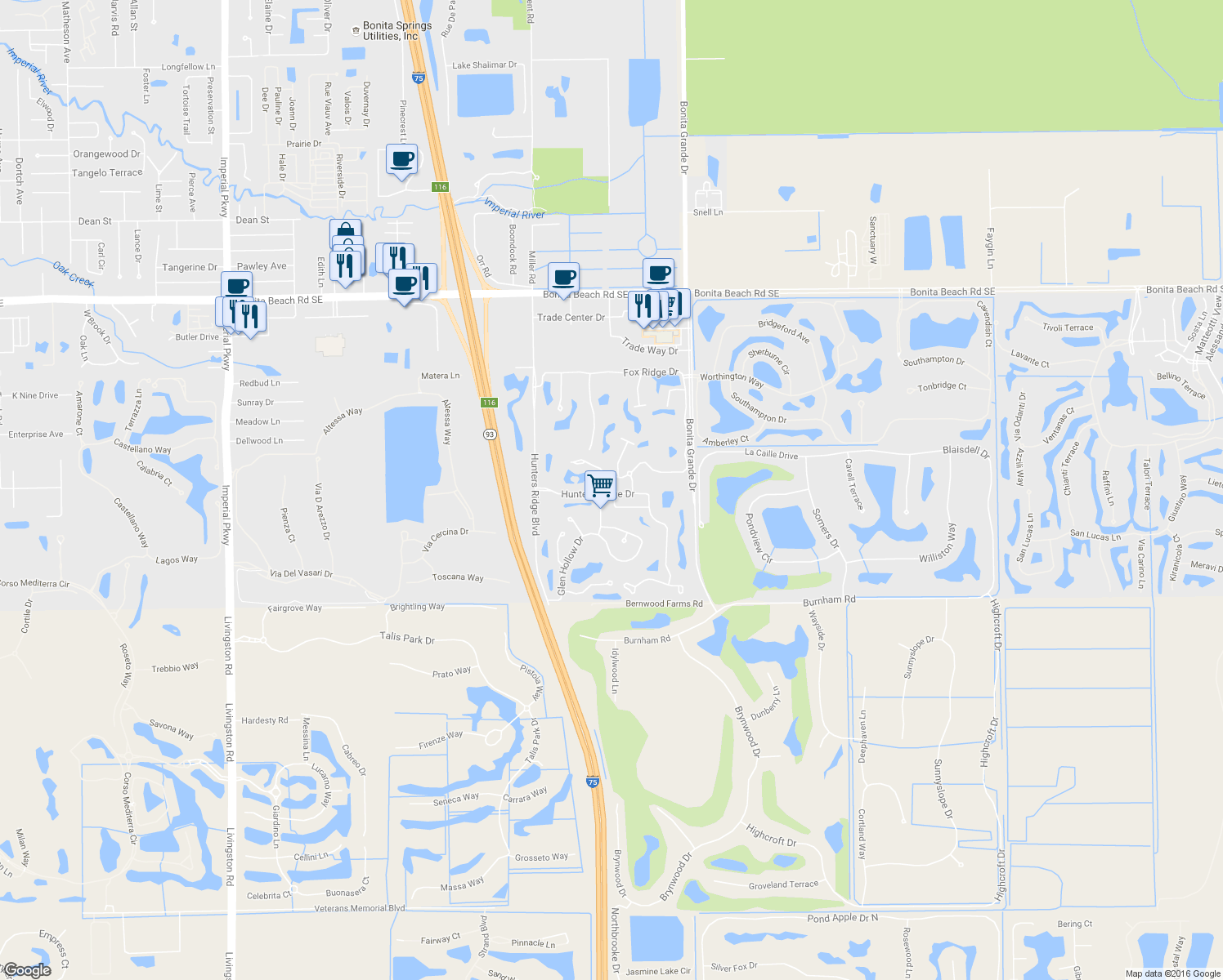 map of restaurants, bars, coffee shops, grocery stores, and more near 12655 Hunters Ridge Drive in Bonita Springs