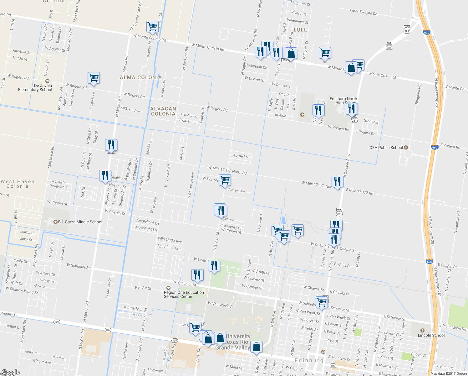 map of restaurants, bars, coffee shops, grocery stores, and more near 1419 Carolina Avenue in Edinburg