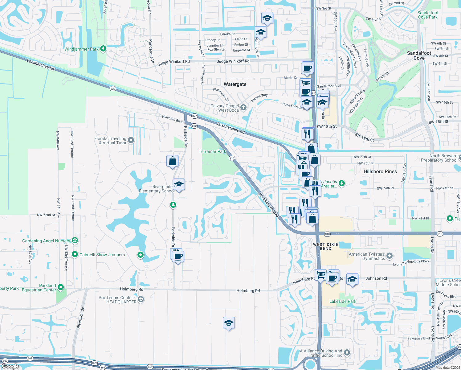 map of restaurants, bars, coffee shops, grocery stores, and more near 7505 Northwest 65th Lane in Parkland