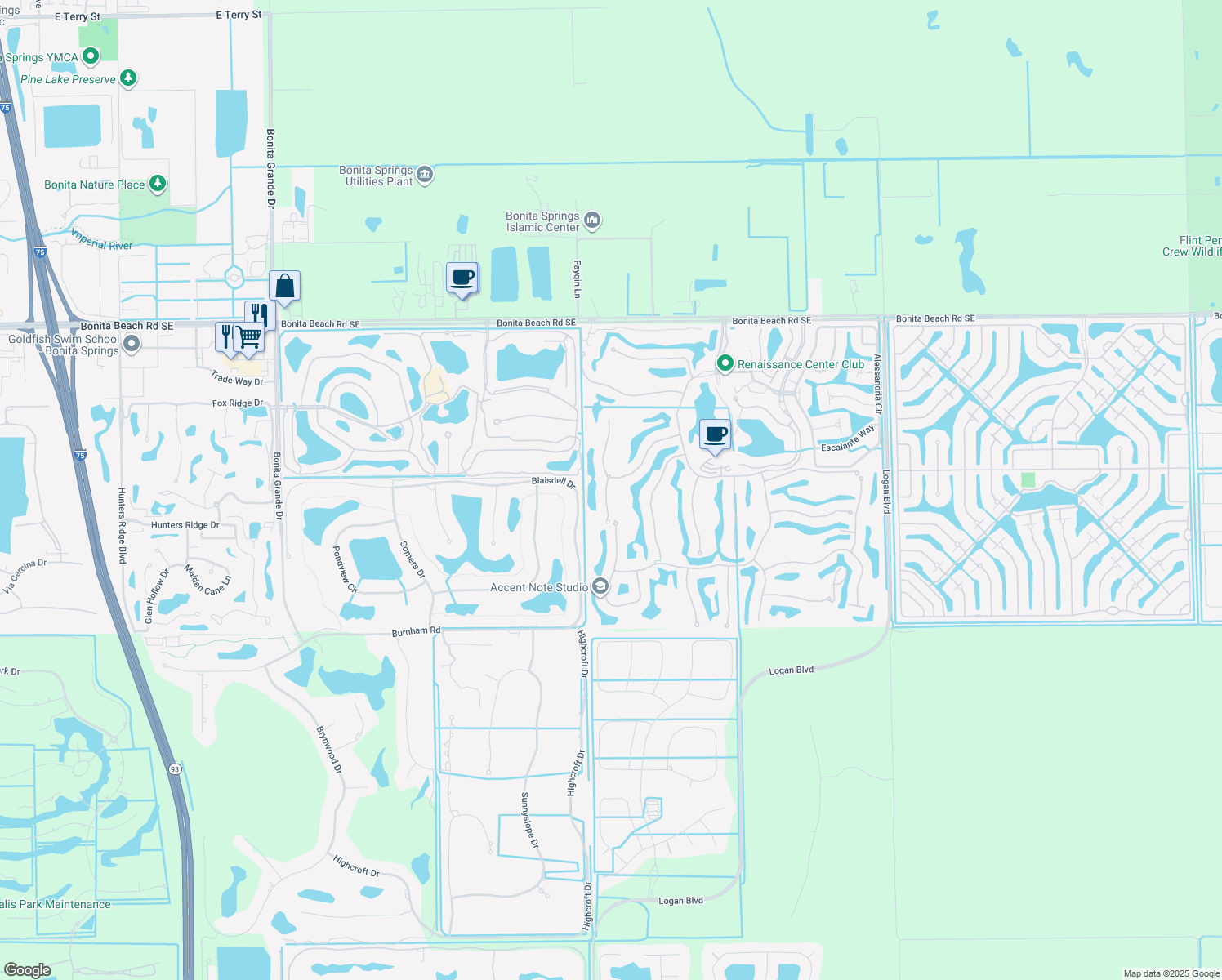 map of restaurants, bars, coffee shops, grocery stores, and more near 28505 Azzili Way in Bonita Springs