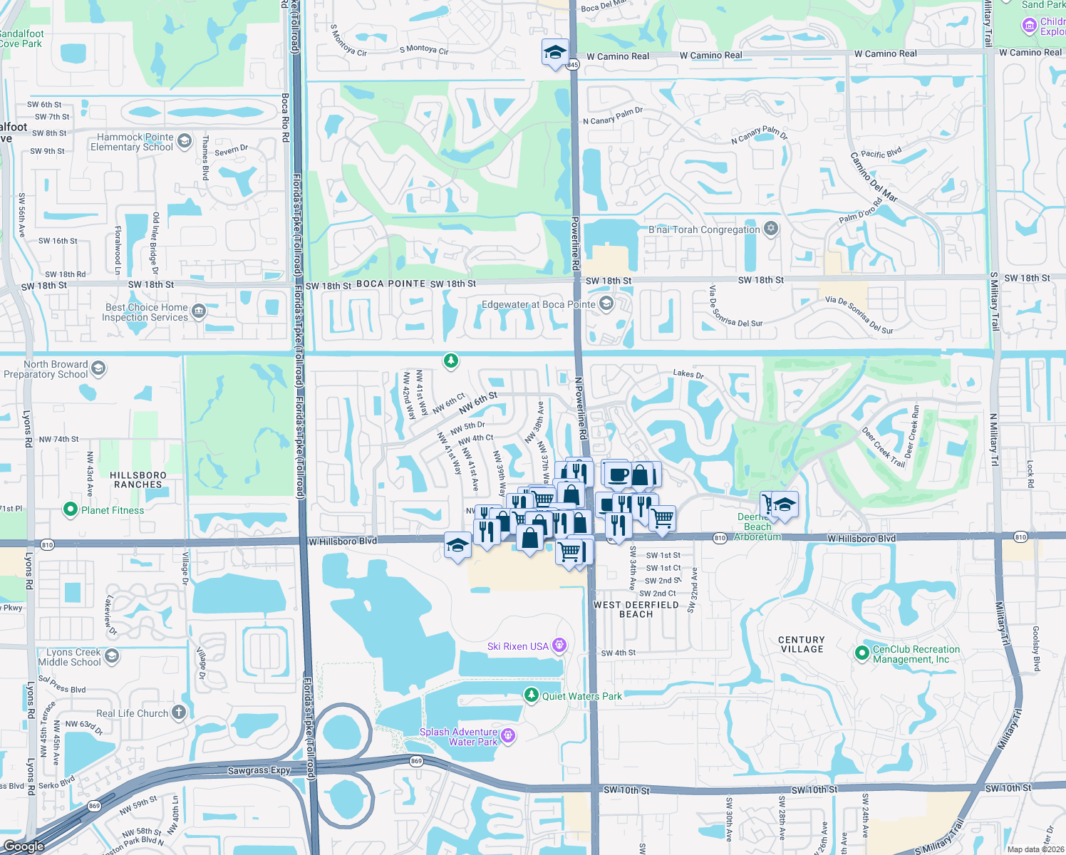 map of restaurants, bars, coffee shops, grocery stores, and more near 469 Northwest 38th Avenue in Deerfield Beach