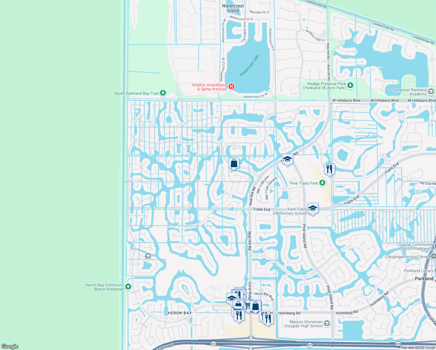 map of restaurants, bars, coffee shops, grocery stores, and more near 7689 Northwest 117th Lane in Parkland