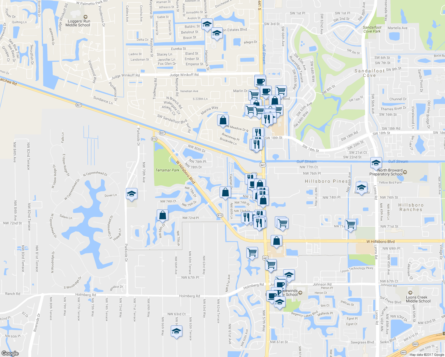map of restaurants, bars, coffee shops, grocery stores, and more near 7665 Northwest 61st Terrace in Parkland