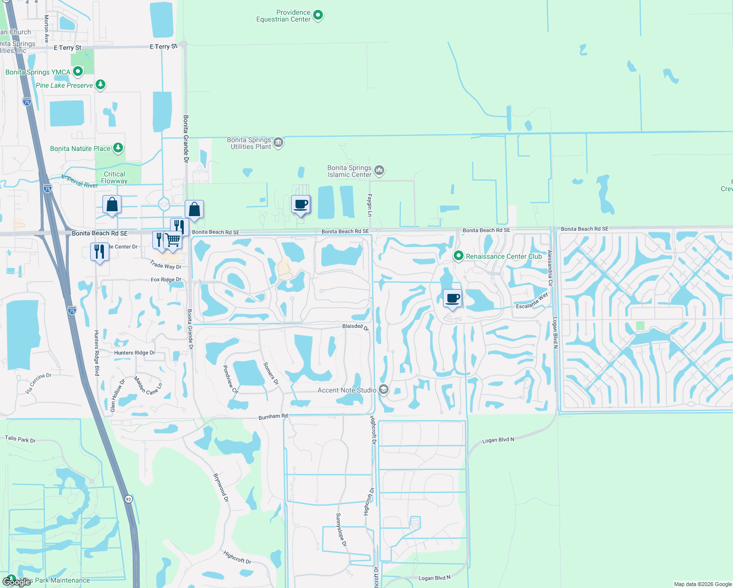 map of restaurants, bars, coffee shops, grocery stores, and more near 13781 Southampton Drive in Bonita Springs