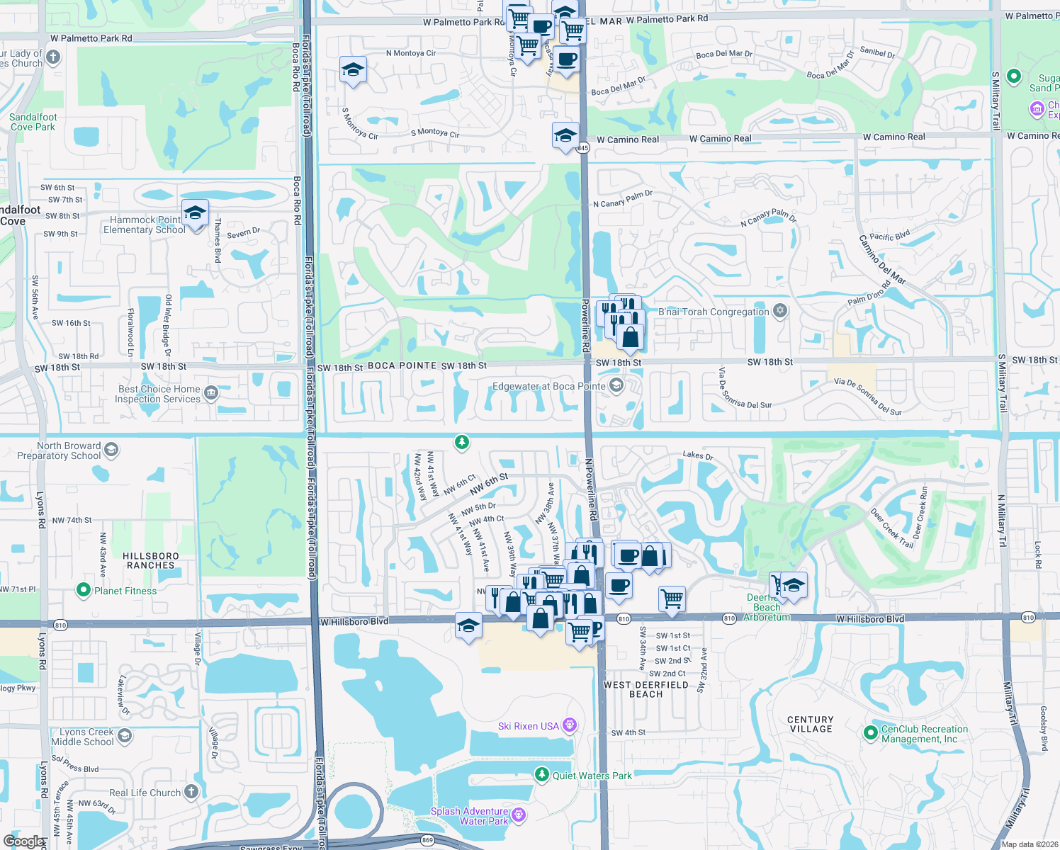 map of restaurants, bars, coffee shops, grocery stores, and more near 7130 Montrico Drive in Boca Raton