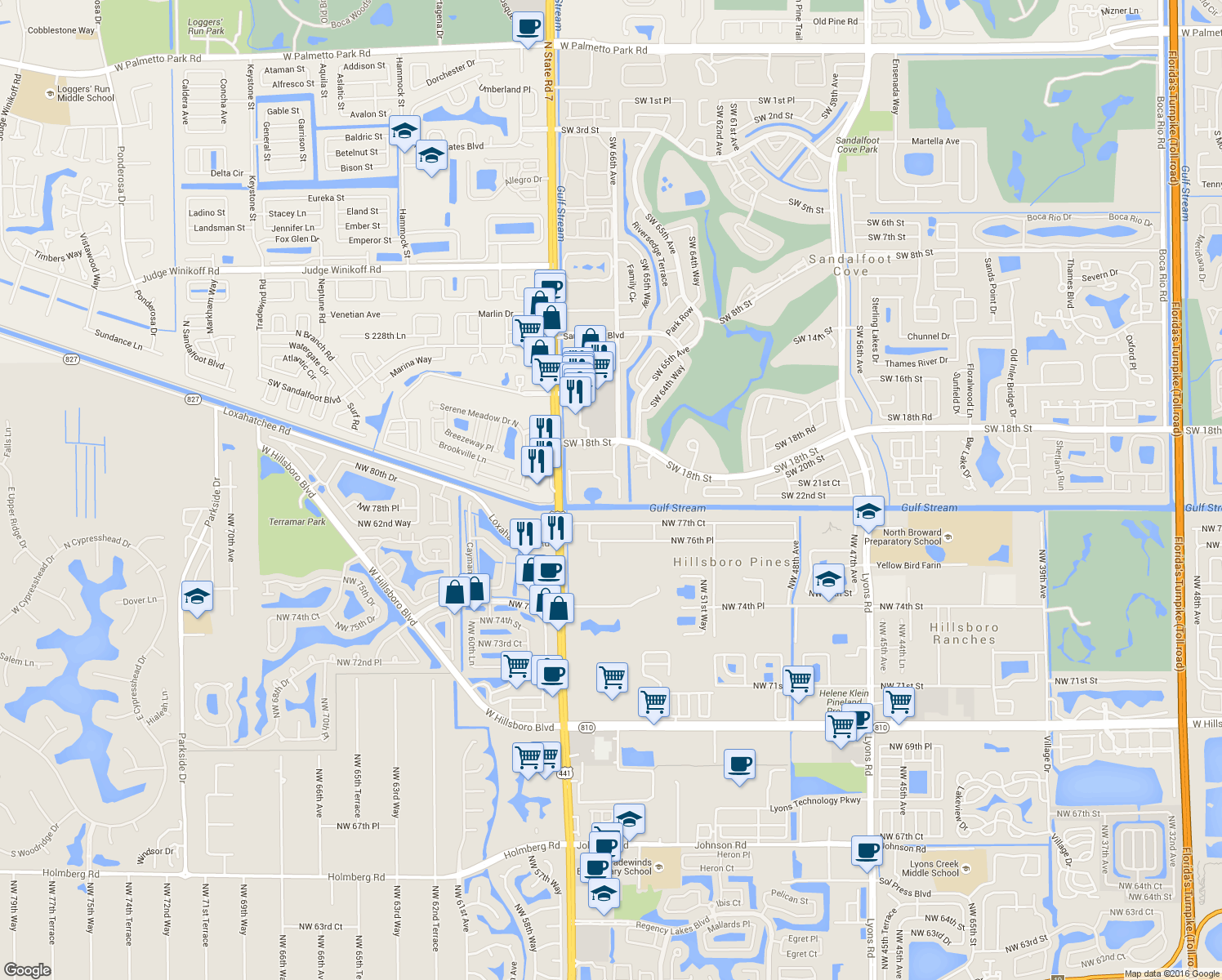 map of restaurants, bars, coffee shops, grocery stores, and more near 5531 Northwest 77th Court in Pompano Beach