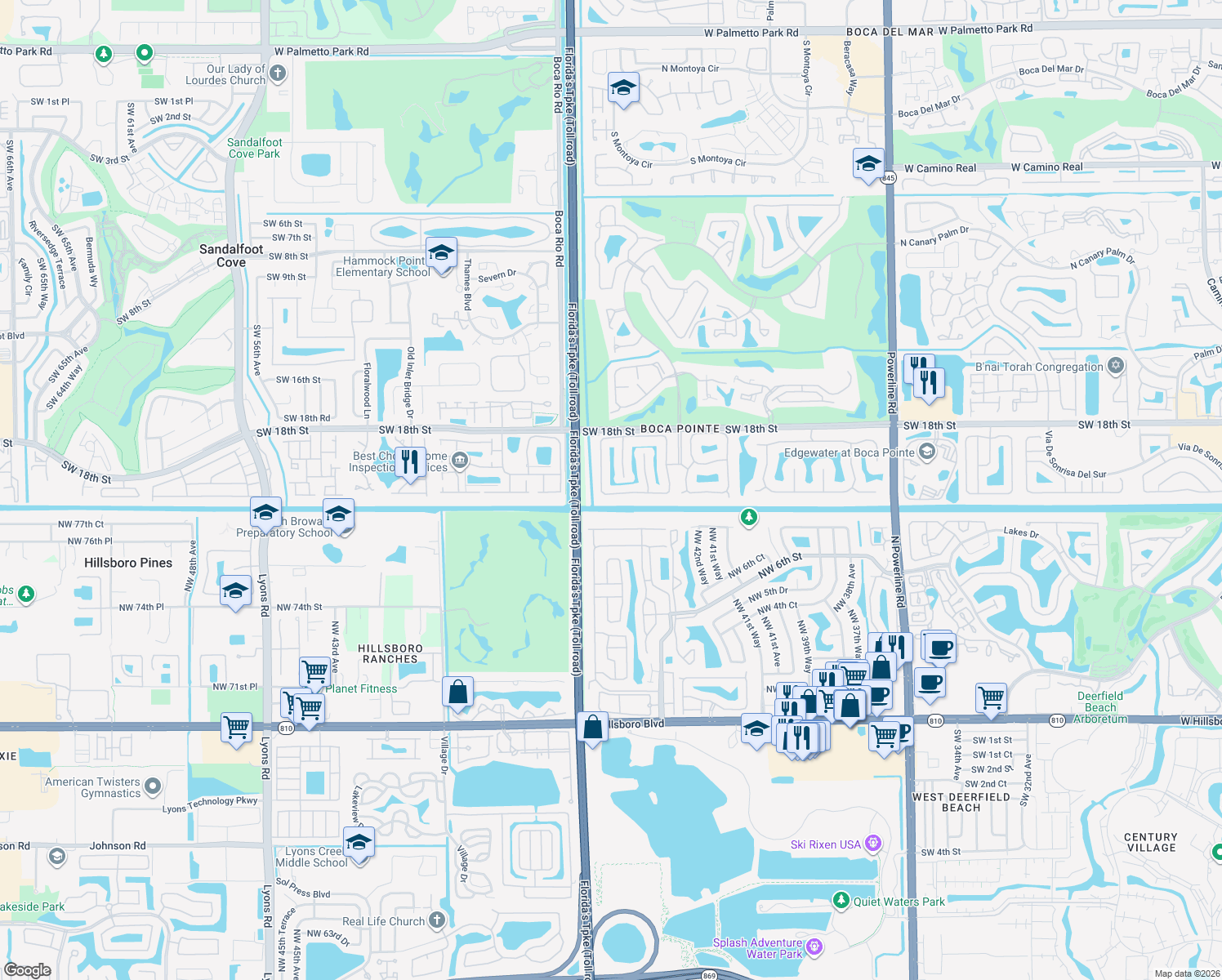 map of restaurants, bars, coffee shops, grocery stores, and more near 7825 Travelers Tree Drive in Boca Raton