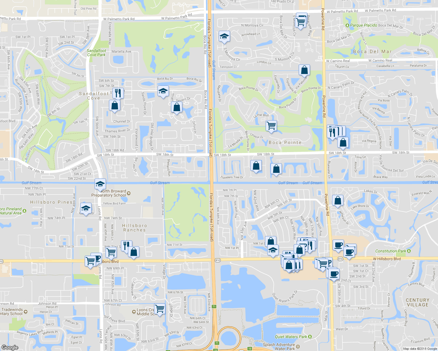 map of restaurants, bars, coffee shops, grocery stores, and more near 7848 Travelers Tree Drive in Boca Raton