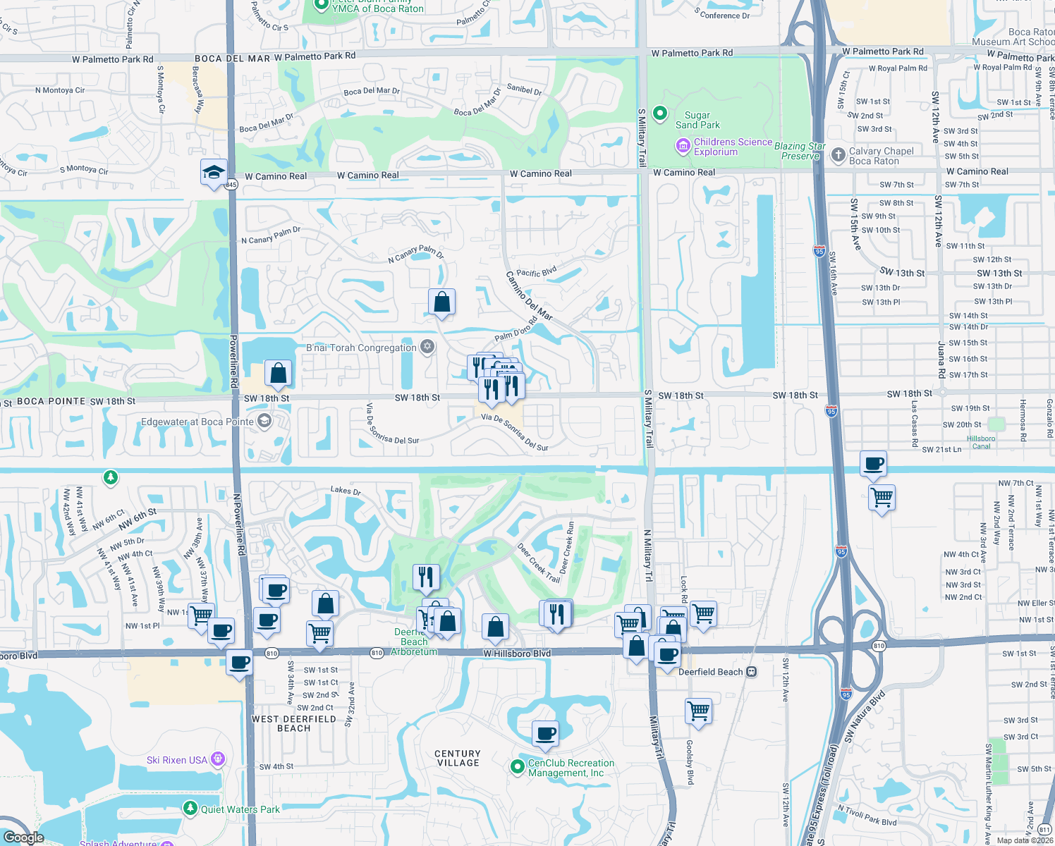 map of restaurants, bars, coffee shops, grocery stores, and more near 5955 Michaux Street in Boca Raton