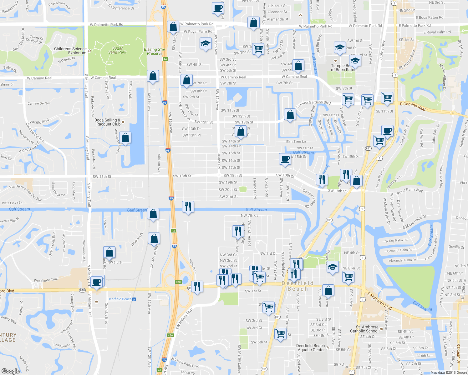 map of restaurants, bars, coffee shops, grocery stores, and more near 1135 Southwest 20th Street in Boca Raton