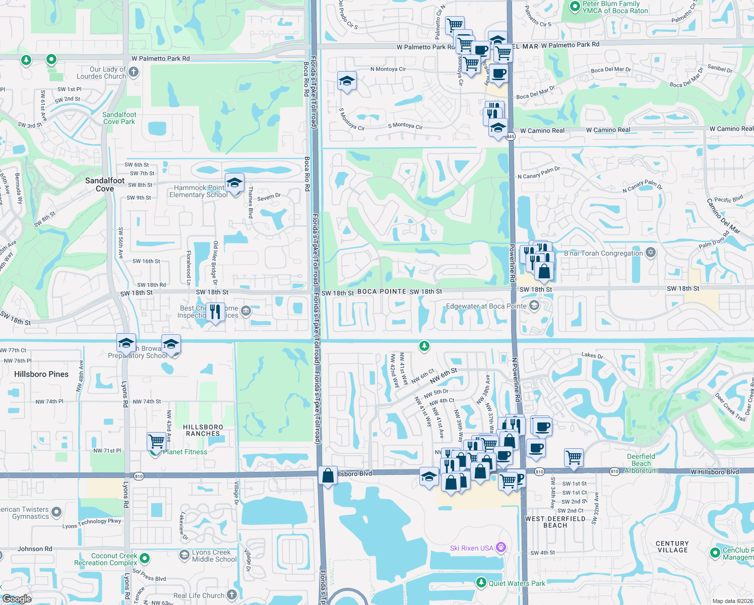 map of restaurants, bars, coffee shops, grocery stores, and more near 23280 Mirabella Circle North in Boca Raton