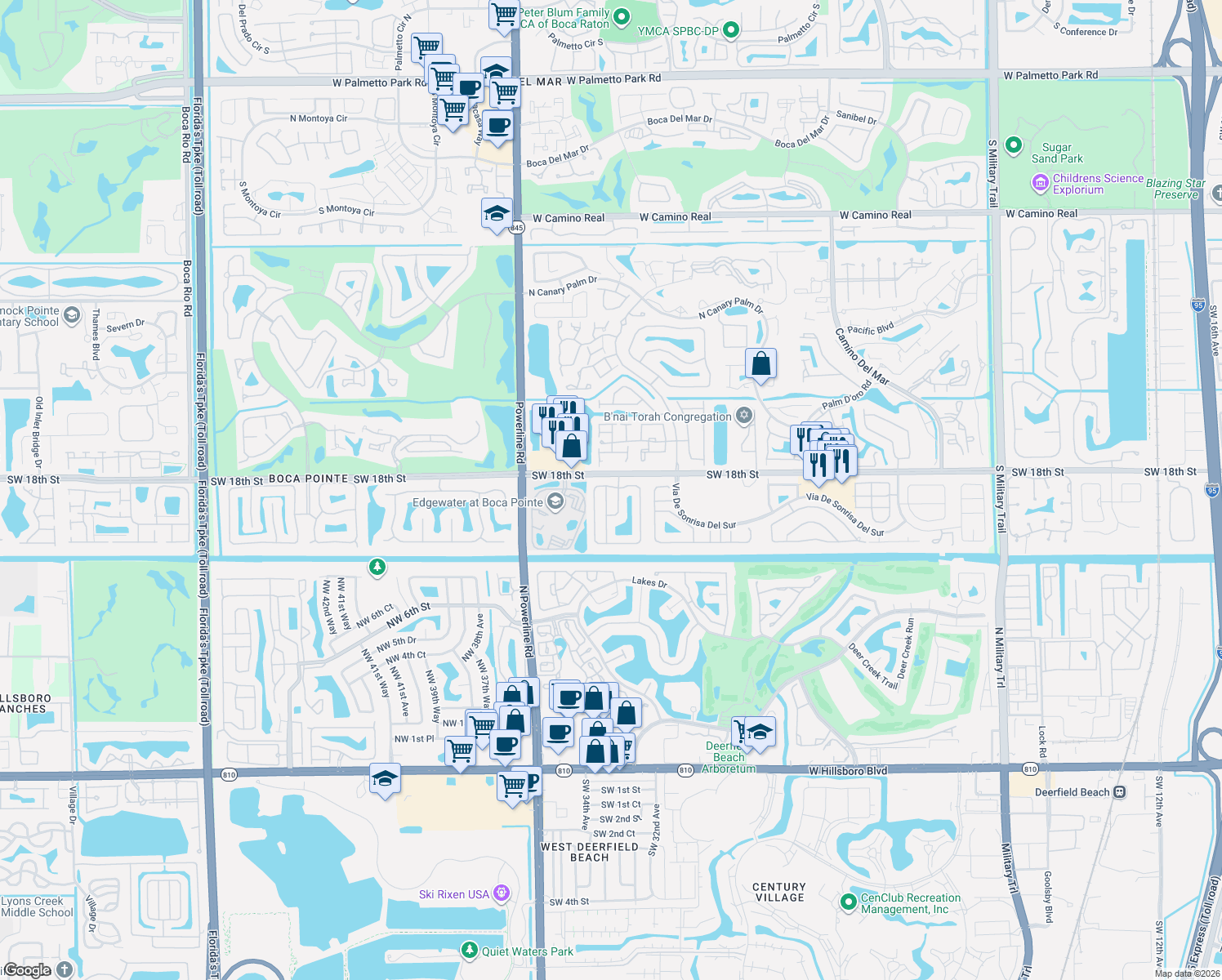 map of restaurants, bars, coffee shops, grocery stores, and more near 23256 Alora Drive in Boca Raton