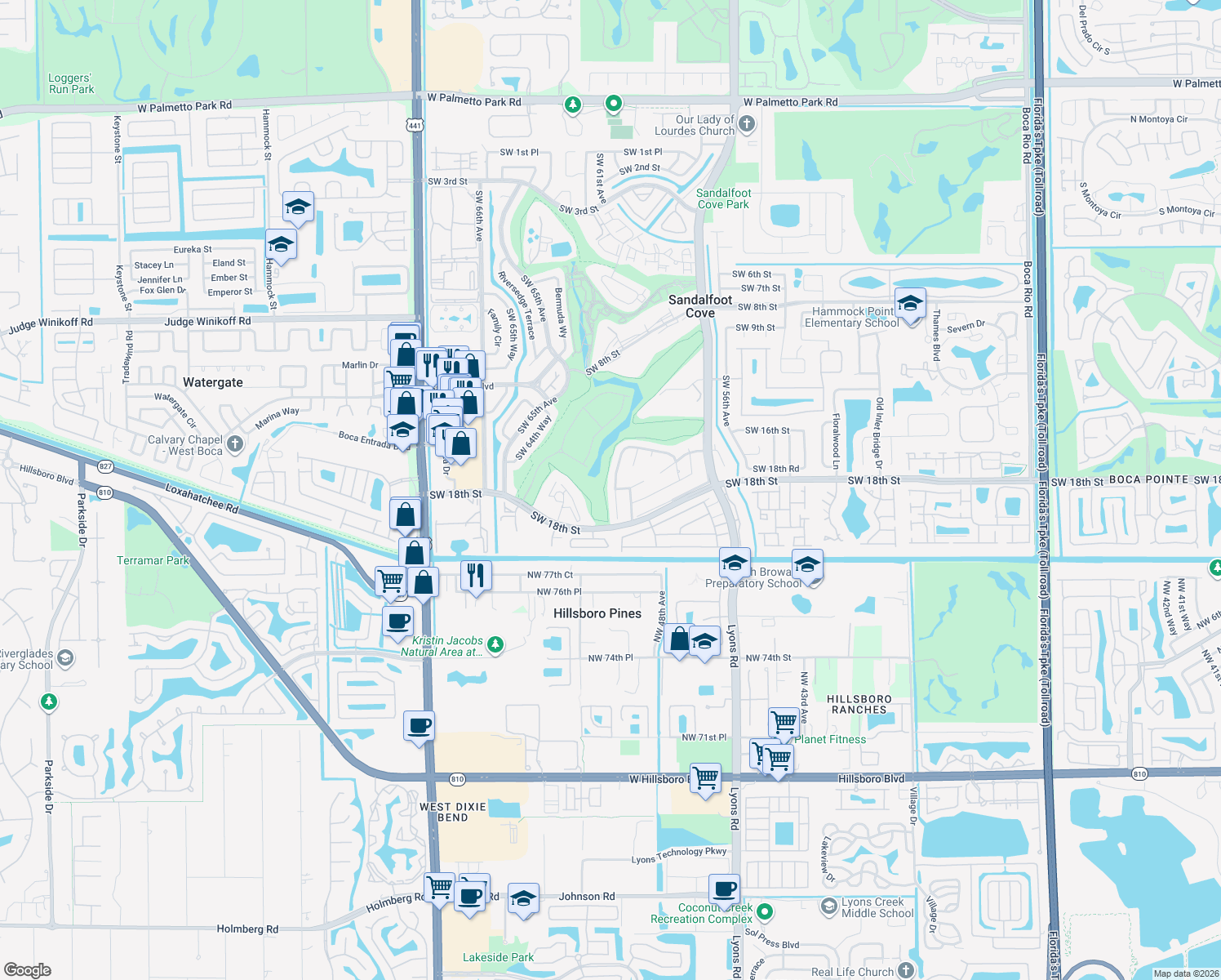 map of restaurants, bars, coffee shops, grocery stores, and more near 23223 Southwest 61st Avenue in Boca Raton