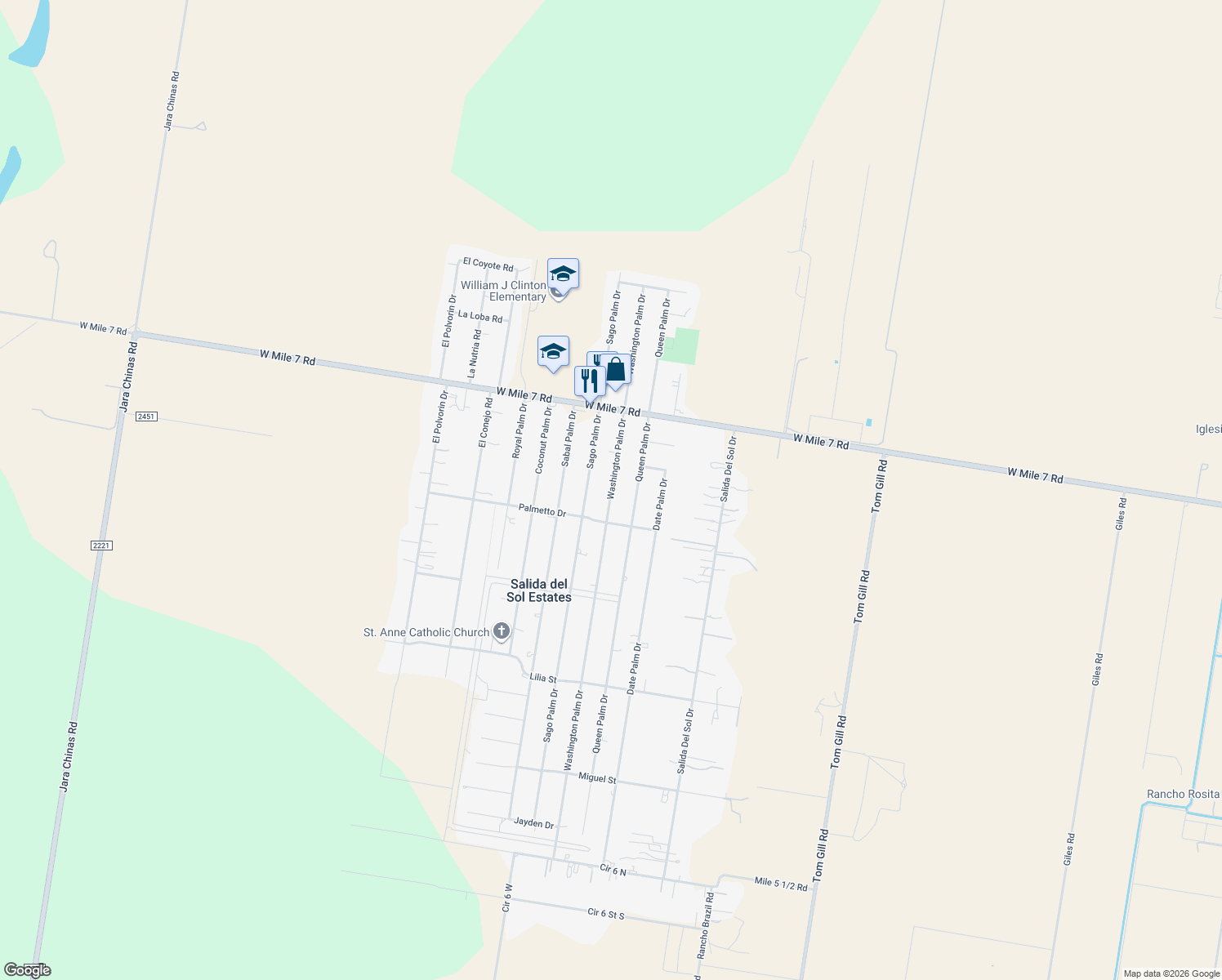 map of restaurants, bars, coffee shops, grocery stores, and more near 17709 Washington Palm Drive in Penitas