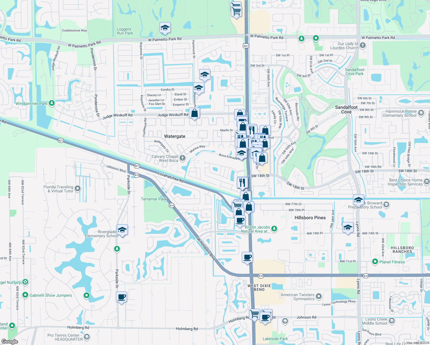 map of restaurants, bars, coffee shops, grocery stores, and more near 10251 Breezeway Place in Boca Raton