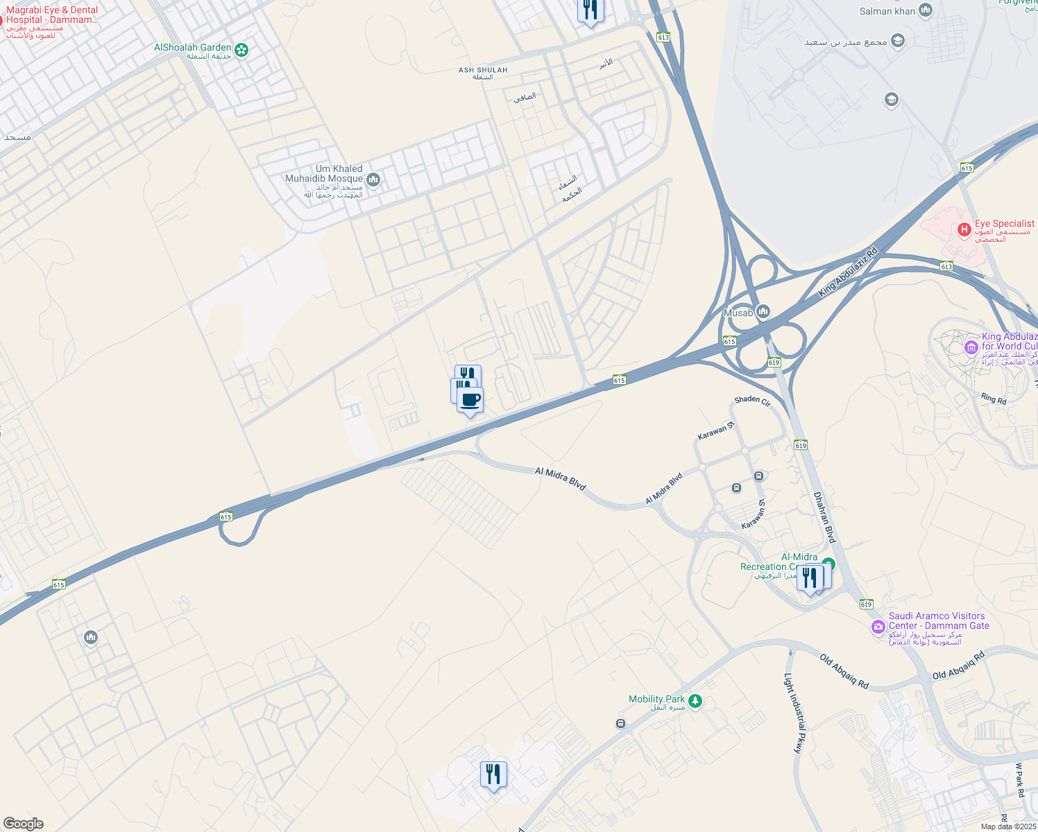 map of restaurants, bars, coffee shops, grocery stores, and more near King Abdulaziz Road in Dammam