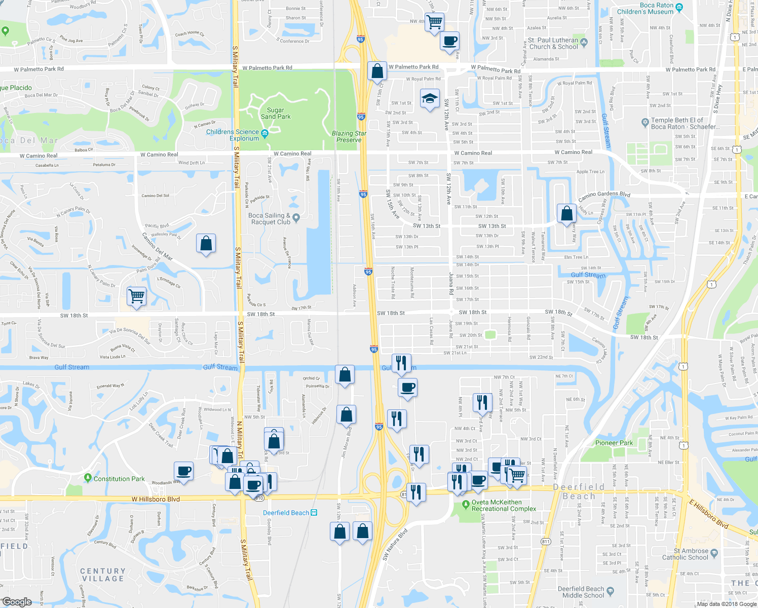 map of restaurants, bars, coffee shops, grocery stores, and more near 1598 Southwest 17th Street in Boca Raton