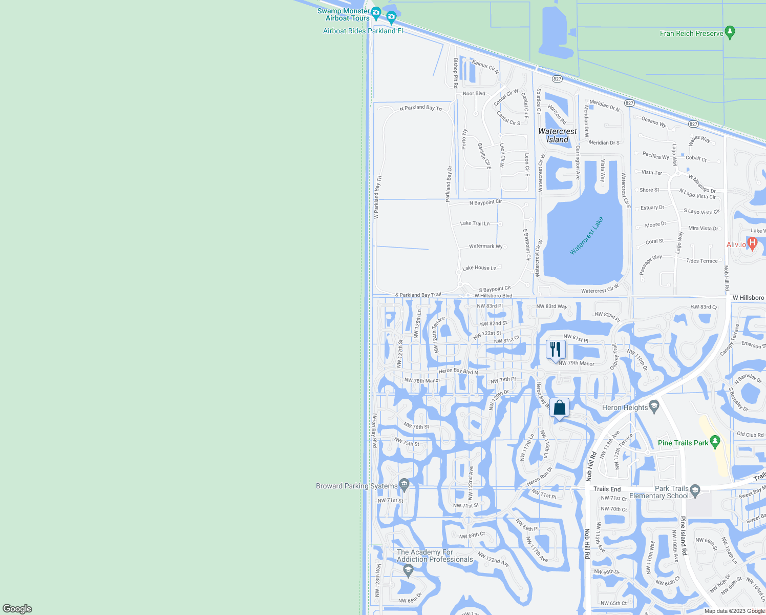 map of restaurants, bars, coffee shops, grocery stores, and more near 8238 Northwest 128th Lane in Parkland