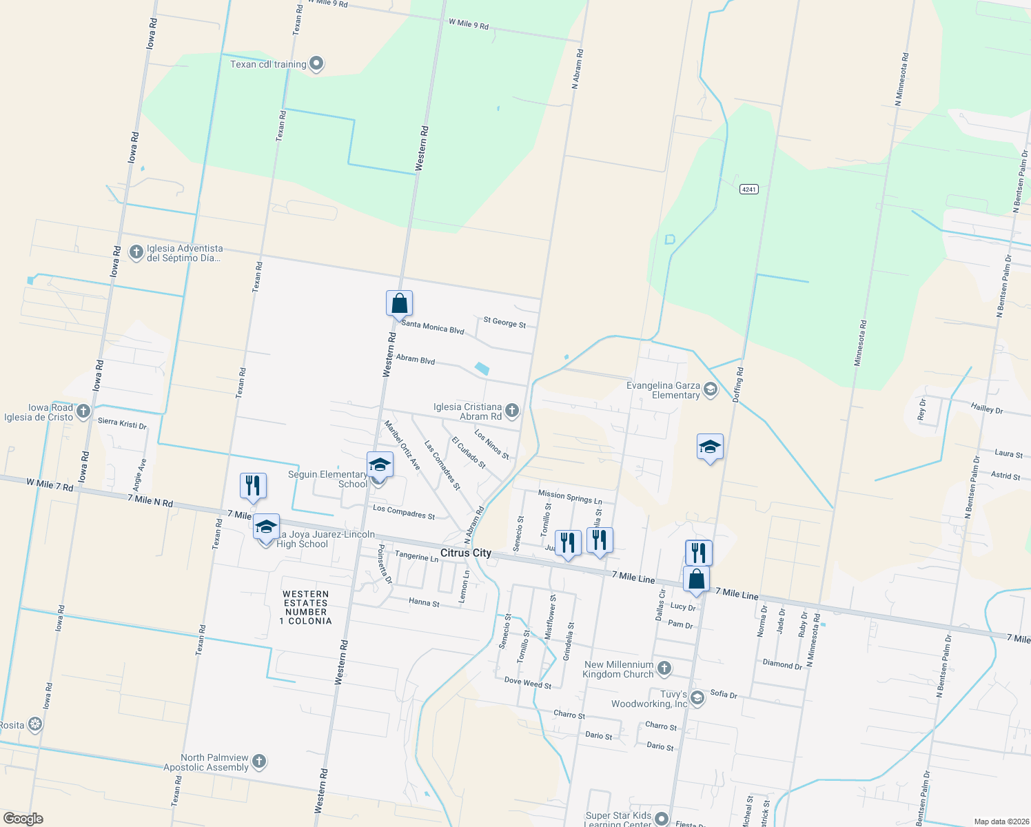 map of restaurants, bars, coffee shops, grocery stores, and more near 8813 Abram Rd in Mission