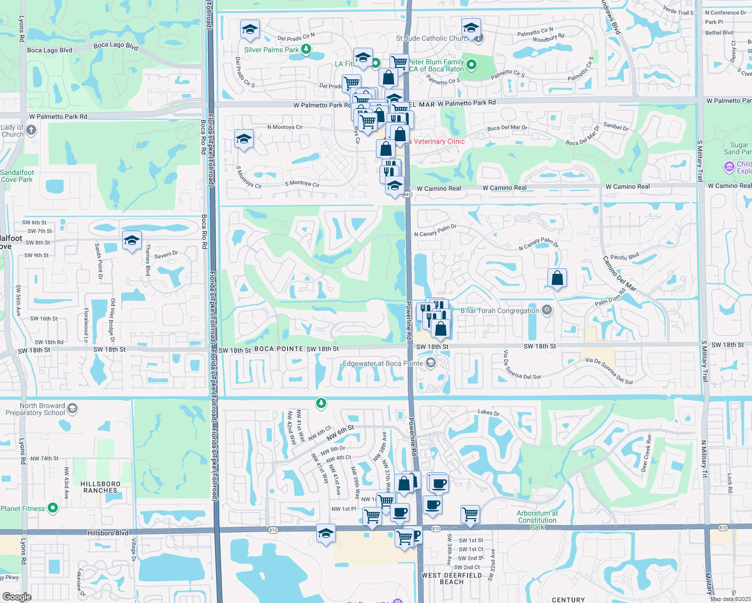 map of restaurants, bars, coffee shops, grocery stores, and more near 7145 Promenade Drive in Boca Raton