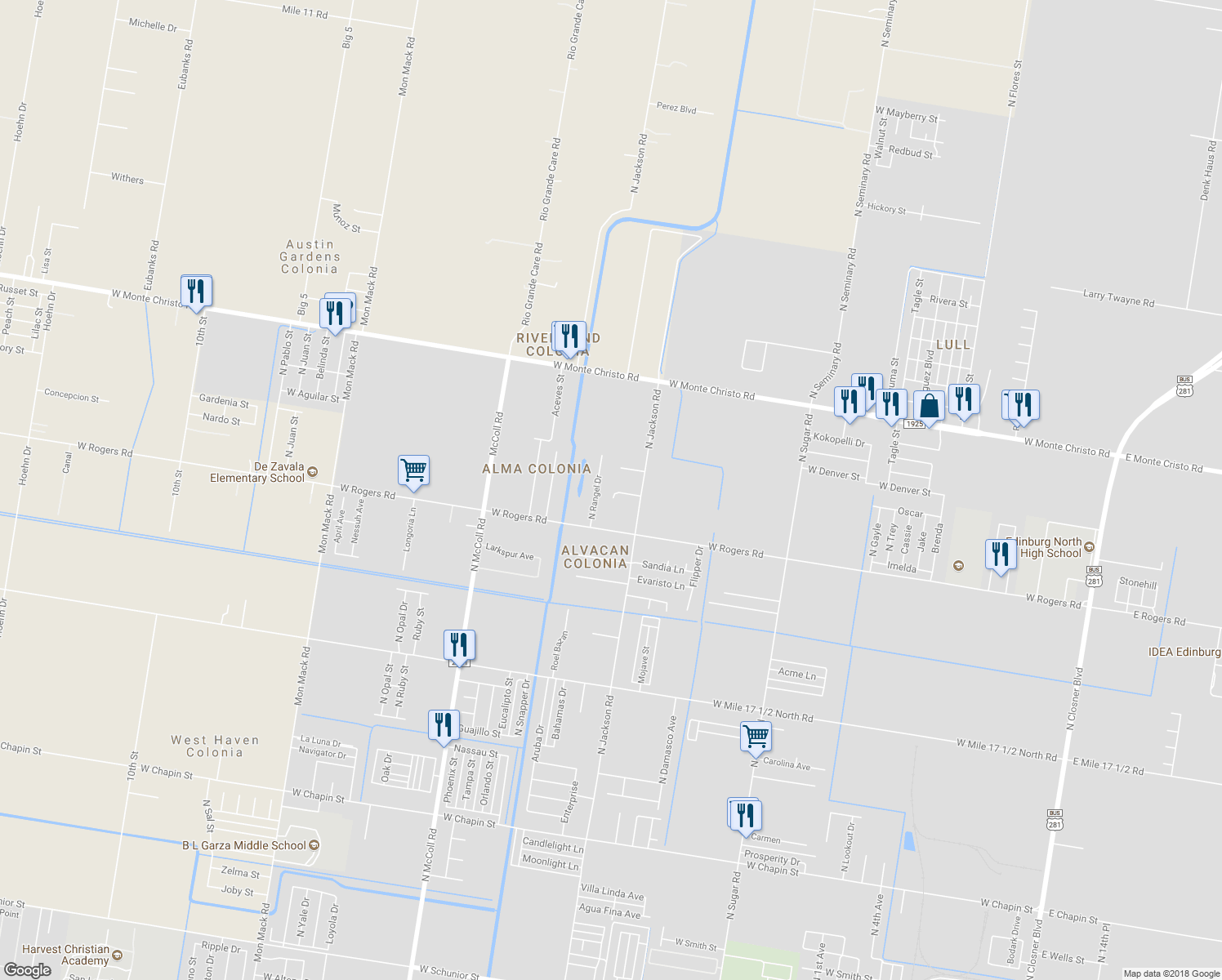 map of restaurants, bars, coffee shops, grocery stores, and more near 2223 Abdon Circle in Edinburg