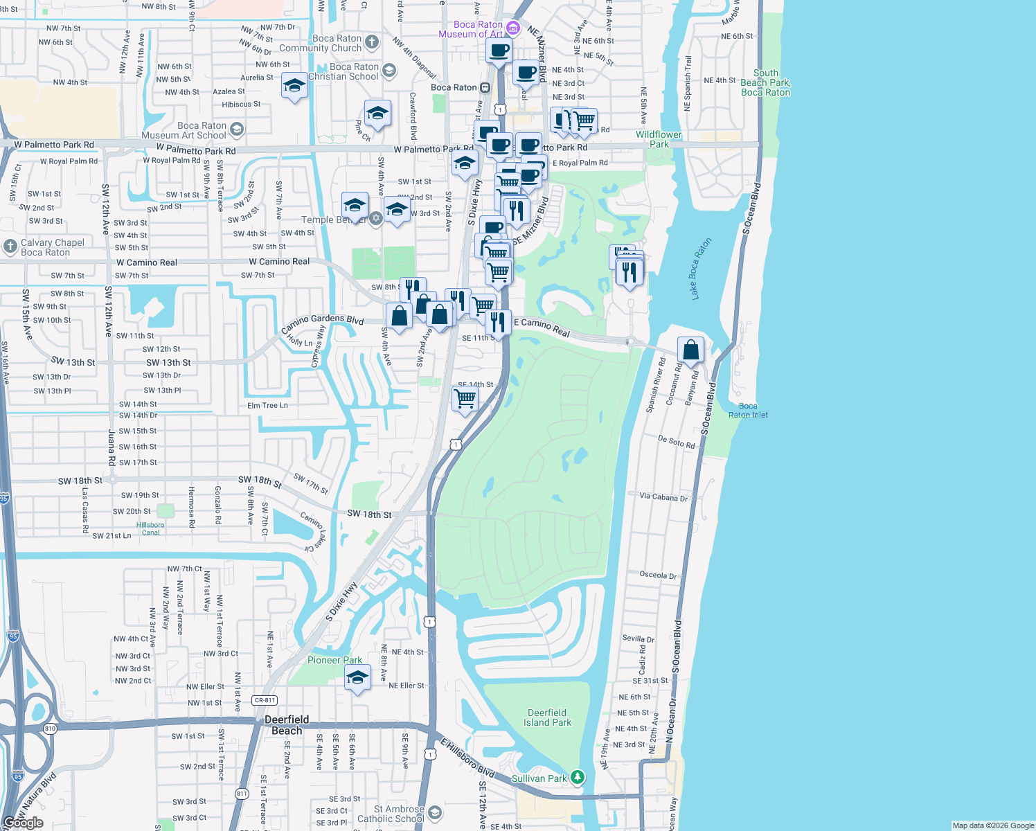 map of restaurants, bars, coffee shops, grocery stores, and more near 1576 Thatch Palm Drive in Boca Raton