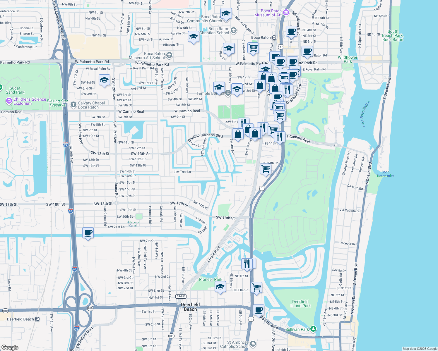 map of restaurants, bars, coffee shops, grocery stores, and more near 595 SW 15th St in Boca Raton