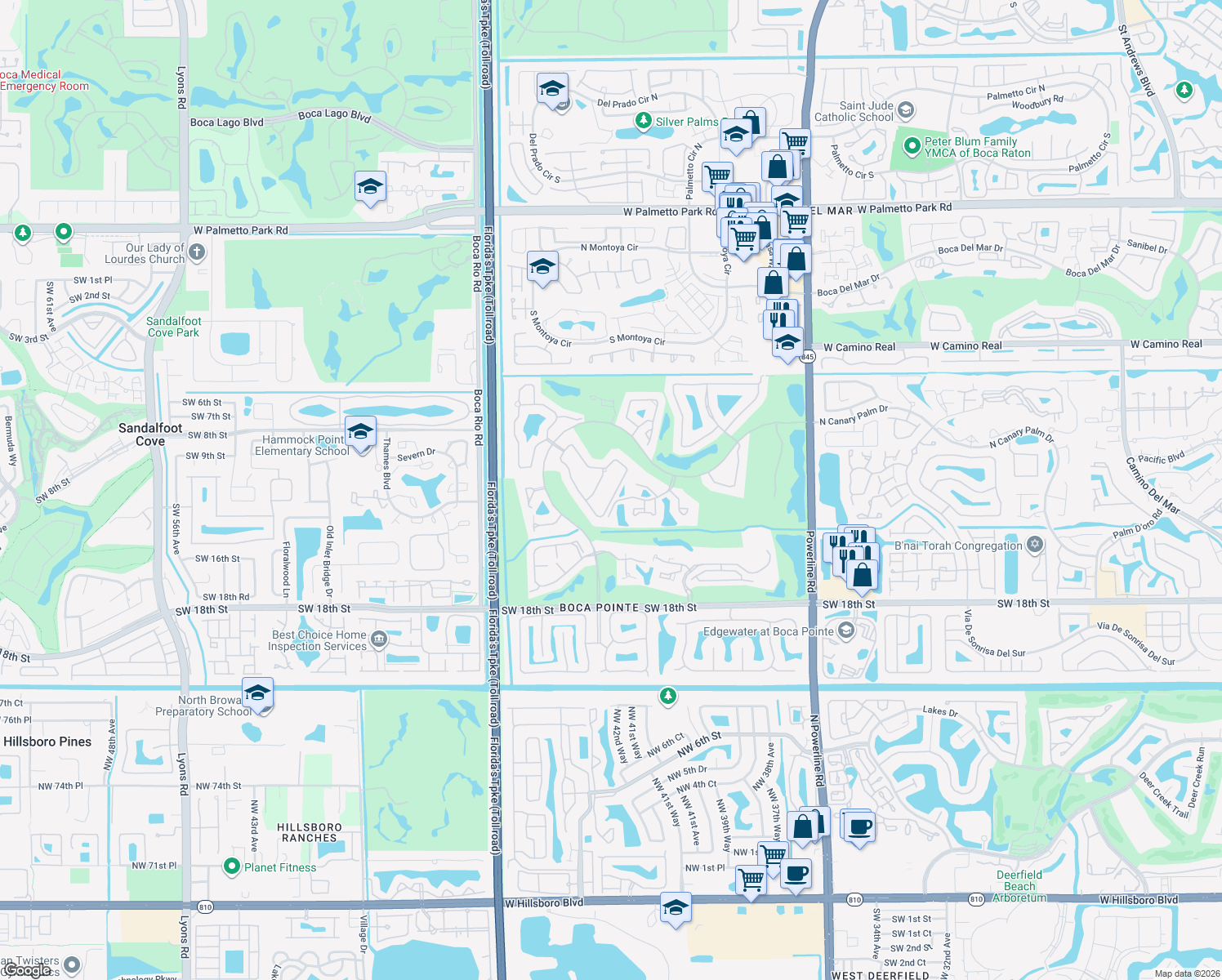 map of restaurants, bars, coffee shops, grocery stores, and more near 7686 La Corniche Circle in Boca Raton