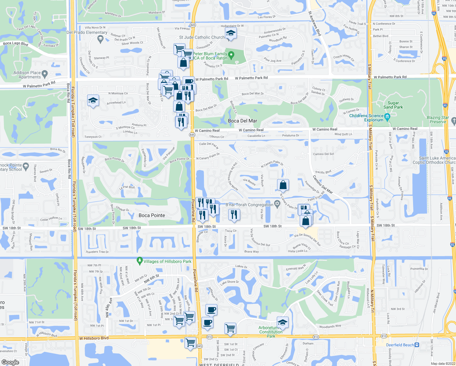 map of restaurants, bars, coffee shops, grocery stores, and more near 6654 Villa Sonrisa Drive in Boca Raton