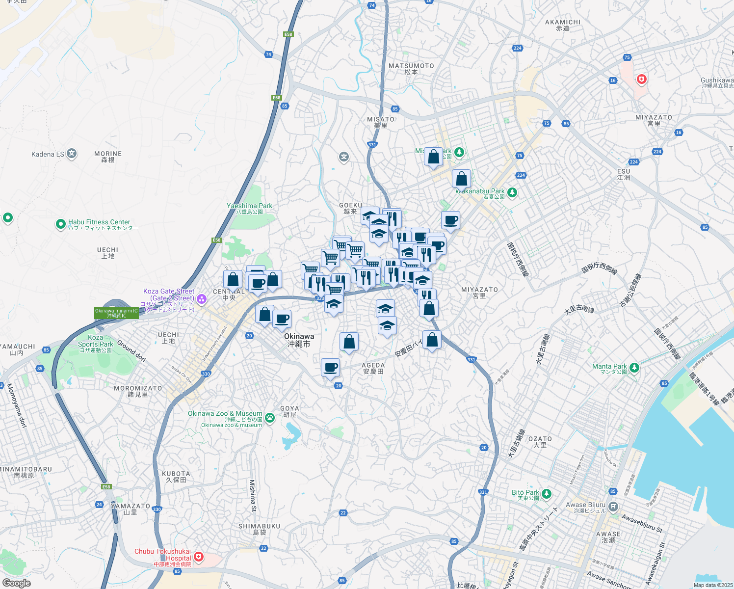 map of restaurants, bars, coffee shops, grocery stores, and more near  in Okinawa