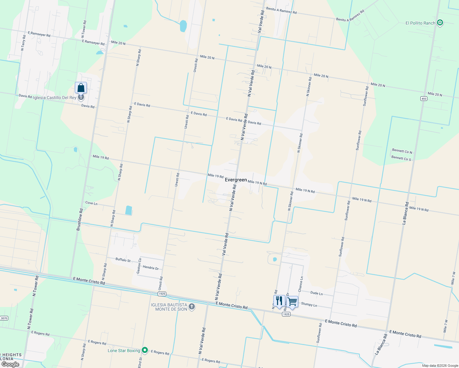 map of restaurants, bars, coffee shops, grocery stores, and more near 21917 North Val Verde Road in Edinburg