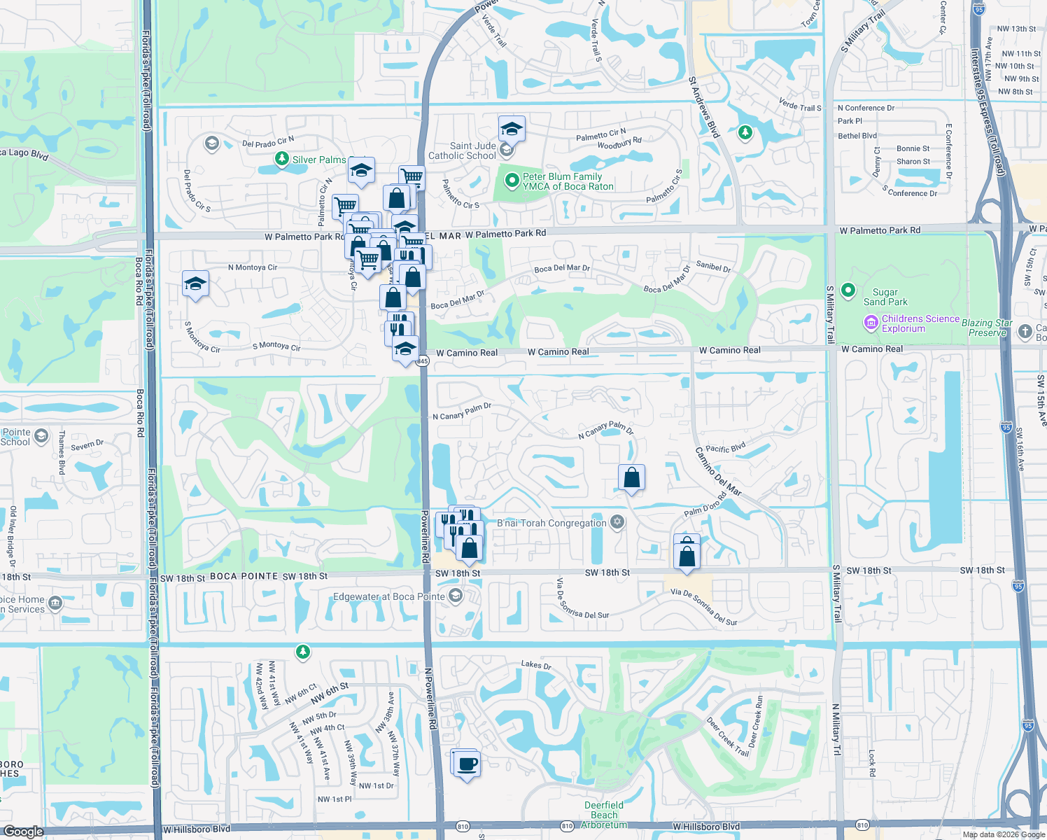 map of restaurants, bars, coffee shops, grocery stores, and more near 6670 Canary Palm Cir in Boca Raton