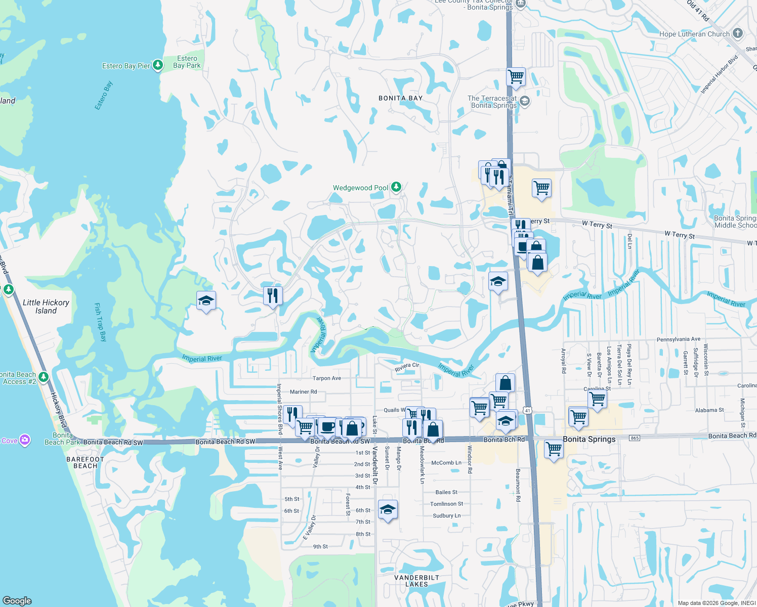 map of restaurants, bars, coffee shops, grocery stores, and more near 27500 Riverbank Dr in Bonita Springs