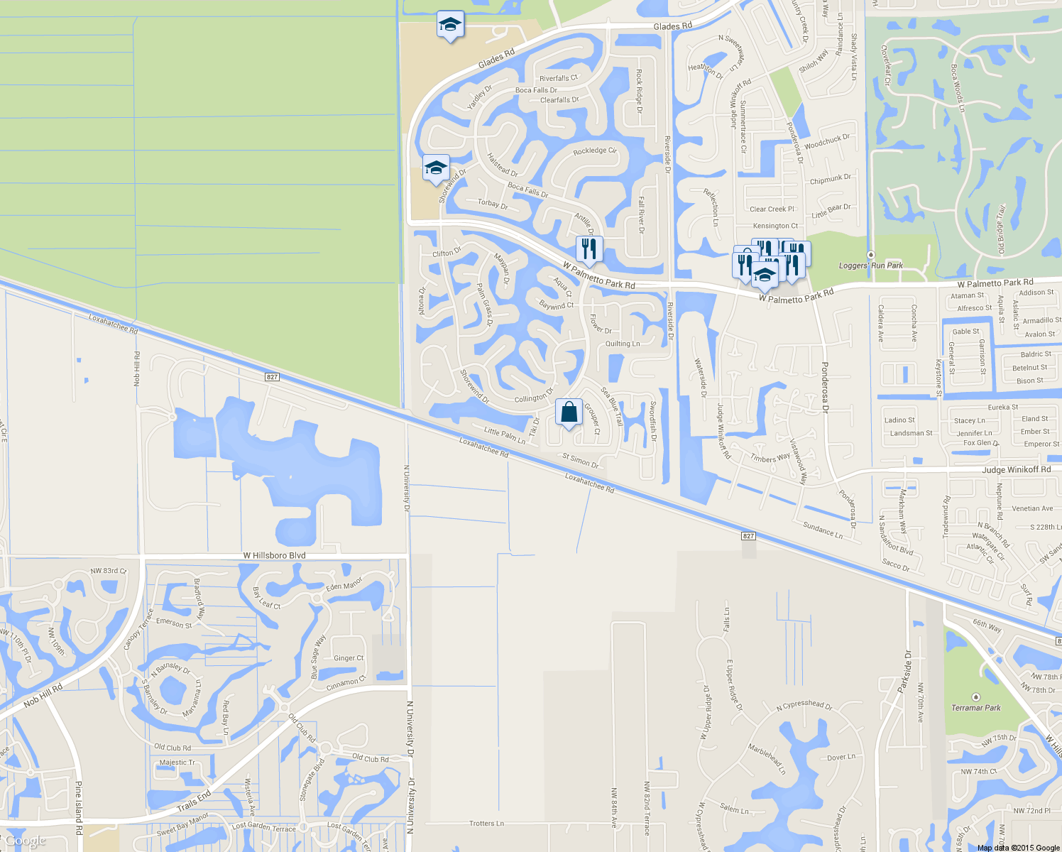 map of restaurants, bars, coffee shops, grocery stores, and more near 22453 Tiki Drive in Boca Raton