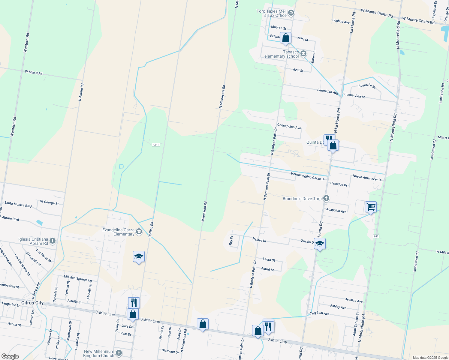 map of restaurants, bars, coffee shops, grocery stores, and more near 9600 North Minnesota Road in Palmview