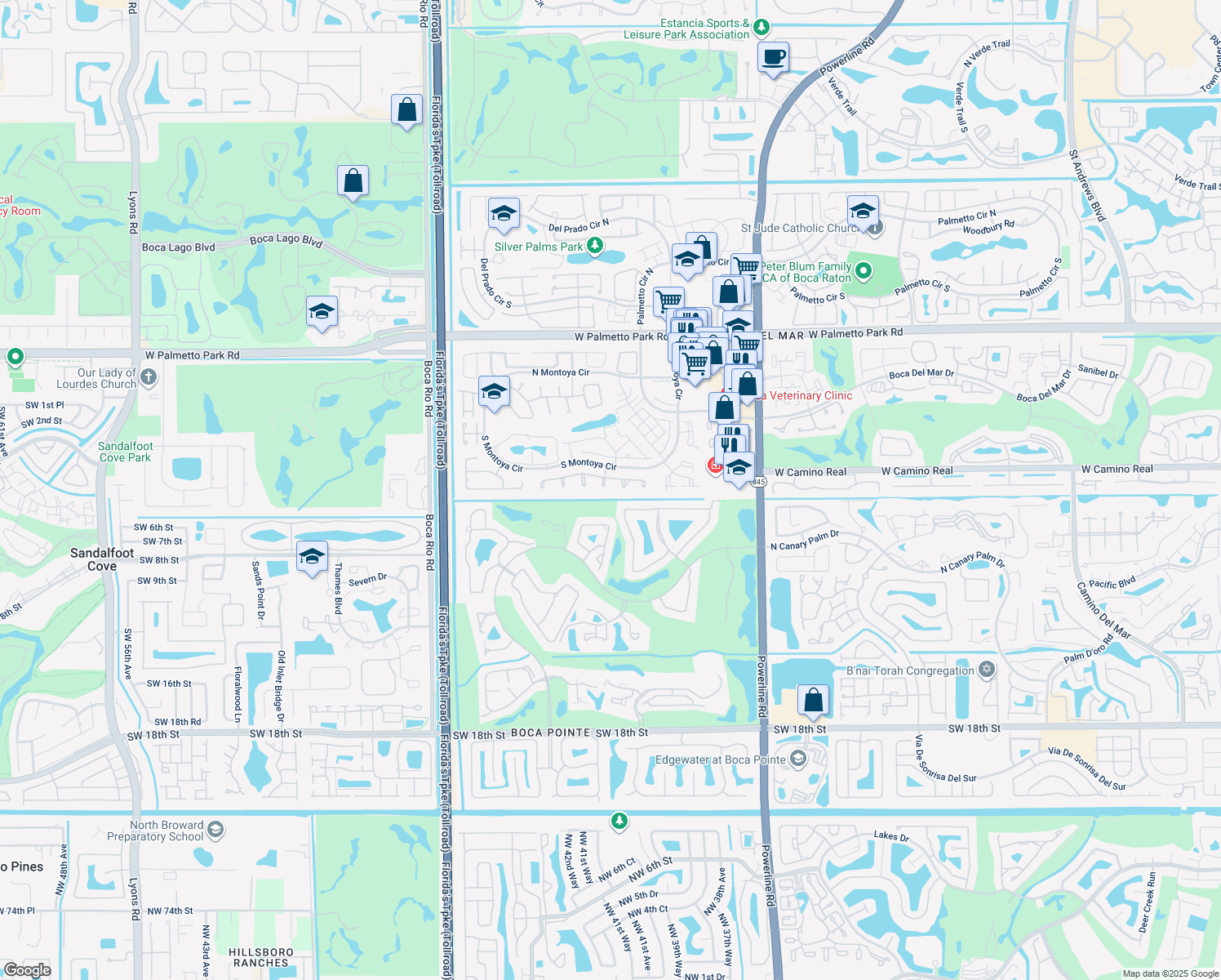map of restaurants, bars, coffee shops, grocery stores, and more near 7456 Dublin Drive in Boca Raton