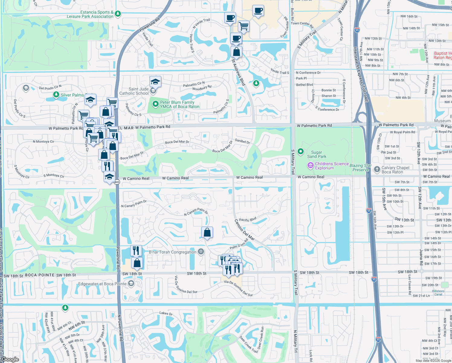 map of restaurants, bars, coffee shops, grocery stores, and more near 6053 Petaluma Drive in Boca Raton