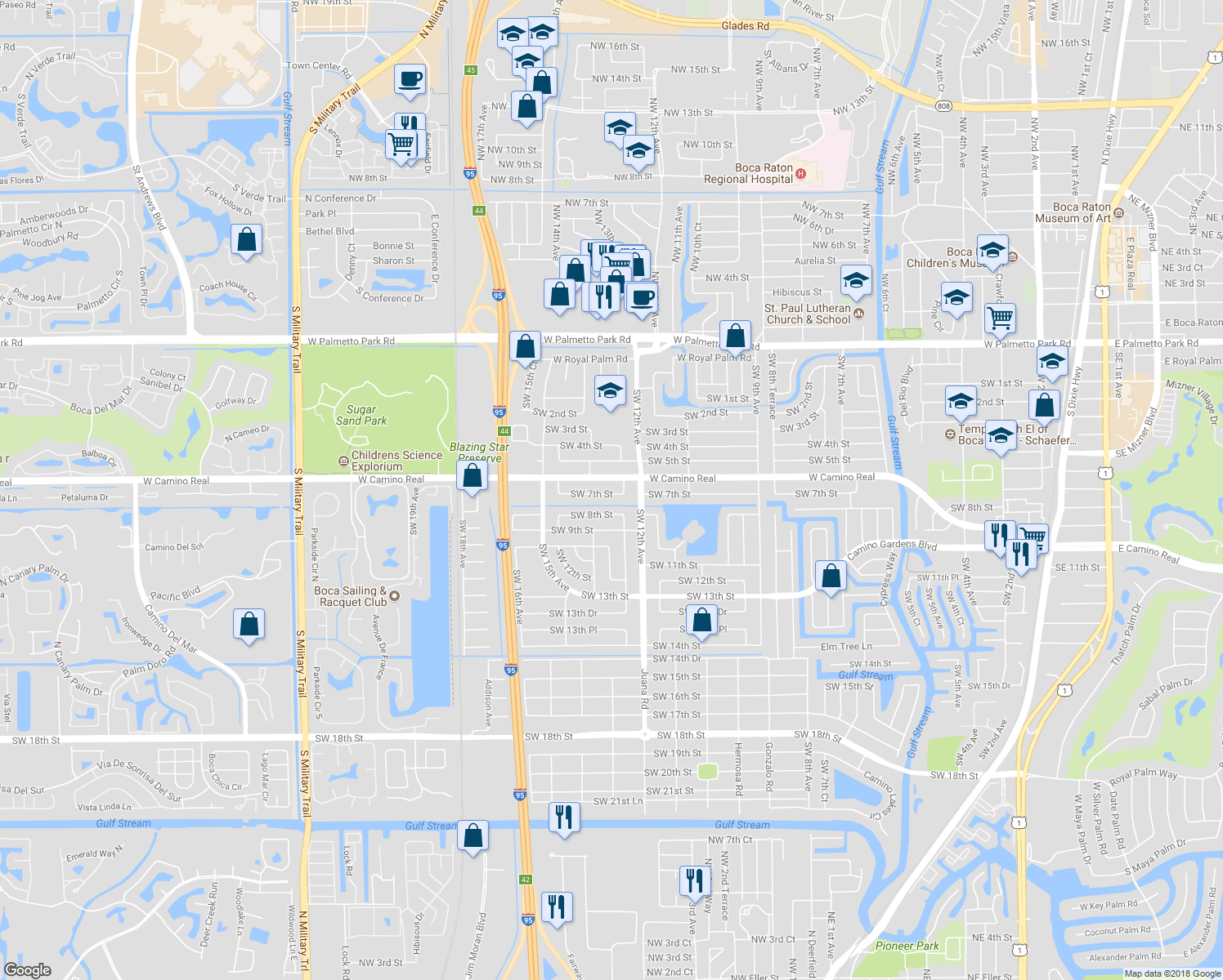 map of restaurants, bars, coffee shops, grocery stores, and more near 1259 Southwest 7th Street in Boca Raton