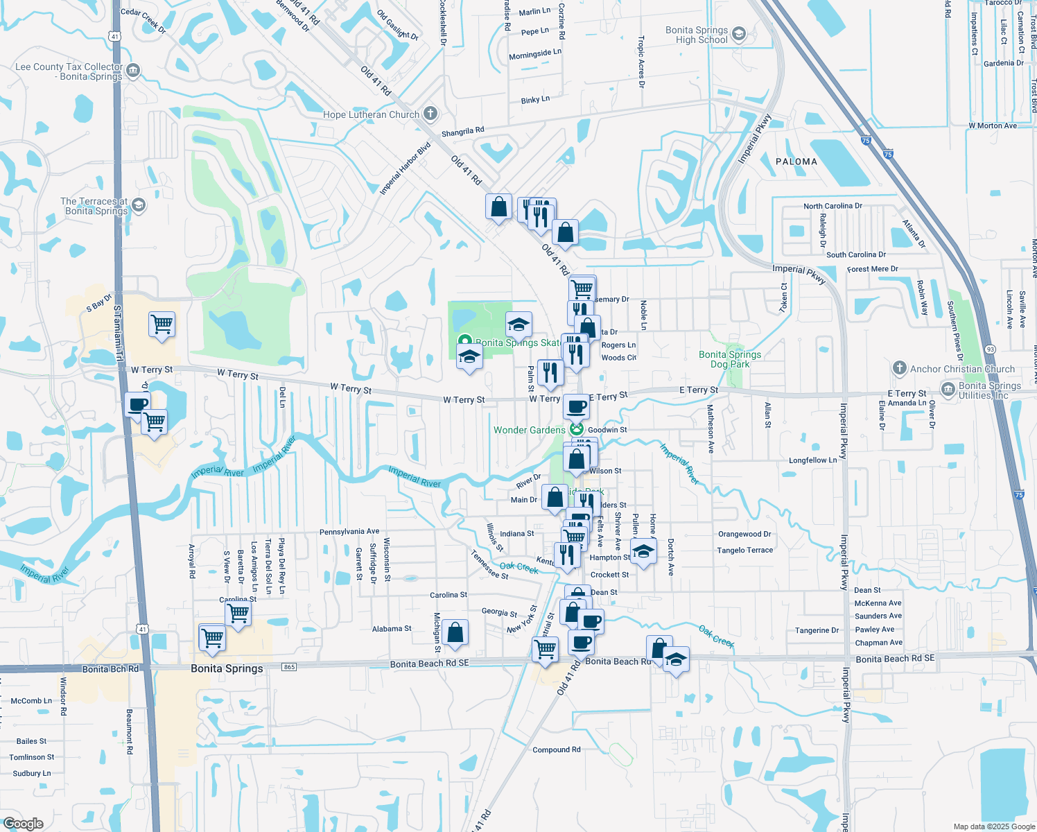 map of restaurants, bars, coffee shops, grocery stores, and more near 27061 Pine Ave in Bonita Springs