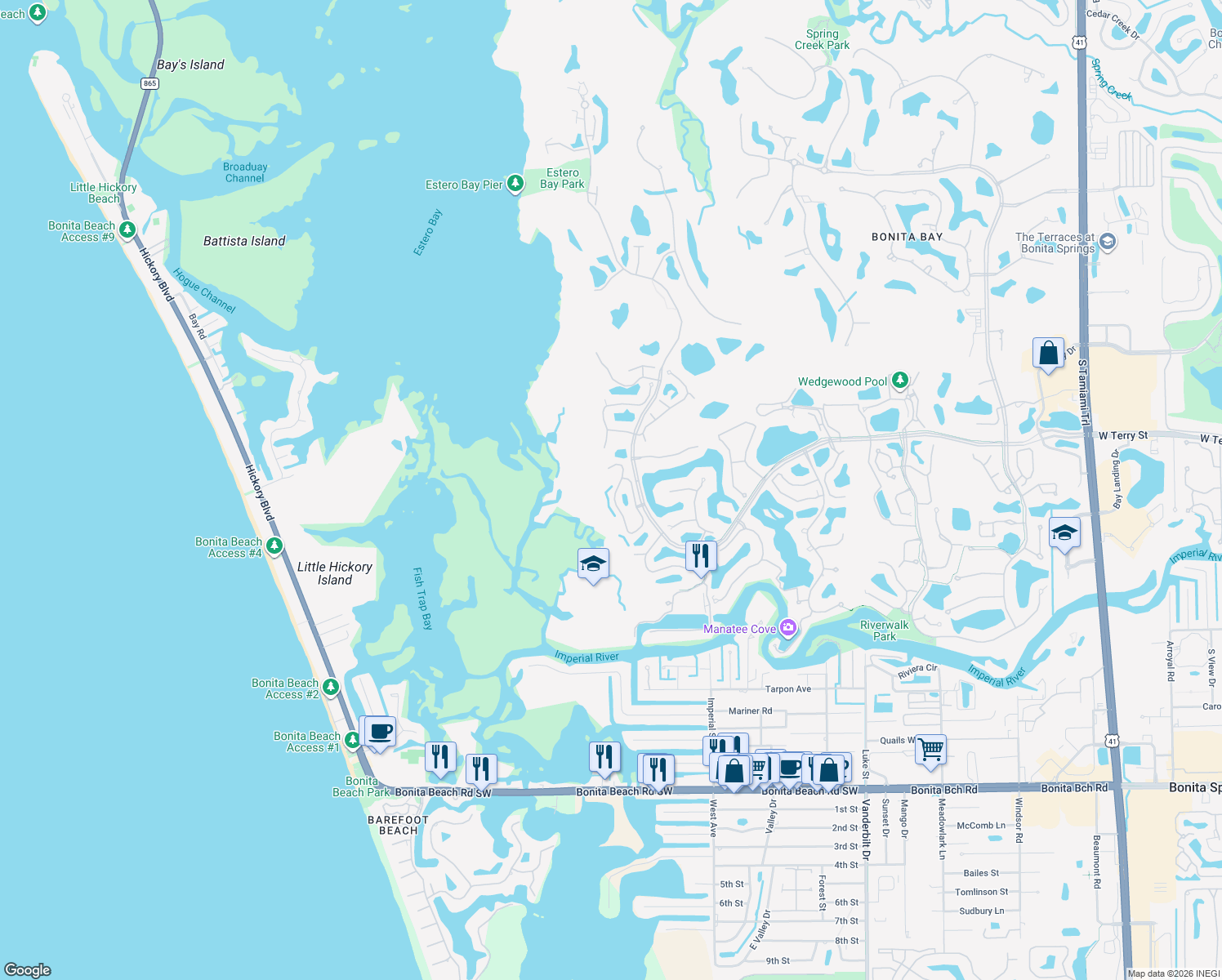 map of restaurants, bars, coffee shops, grocery stores, and more near 27068 Shell Ridge Circle in Bonita Springs