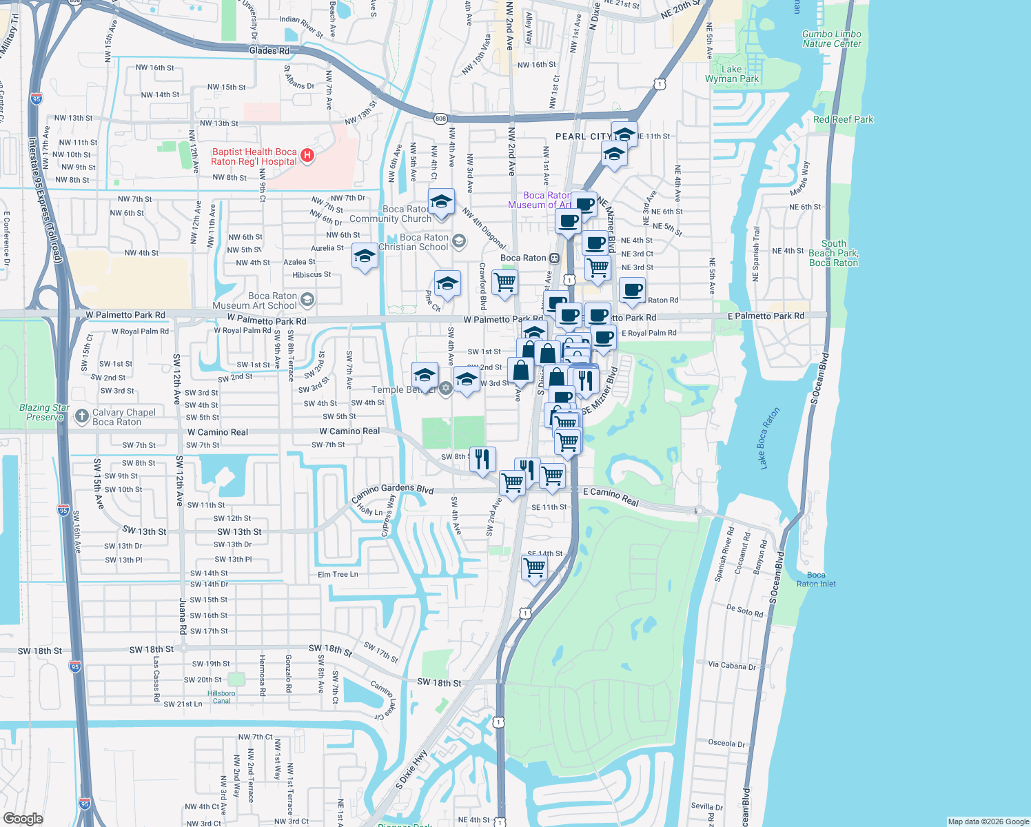 map of restaurants, bars, coffee shops, grocery stores, and more near 200 Southwest 5th Street in Boca Raton