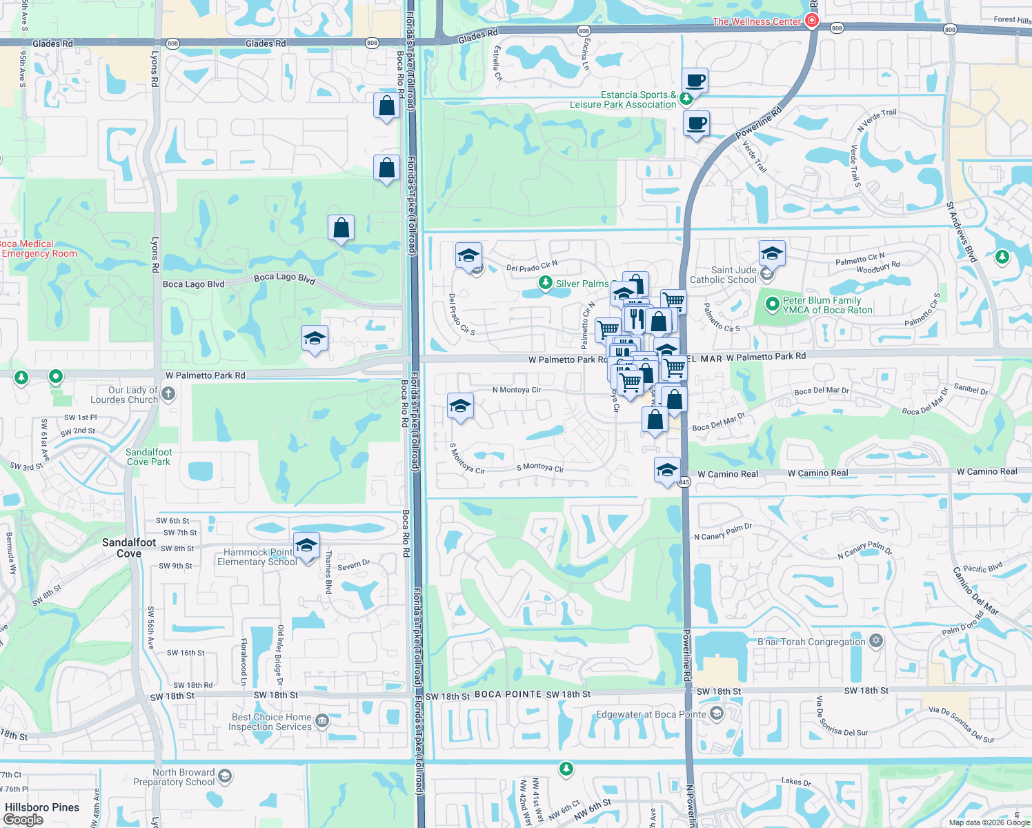 map of restaurants, bars, coffee shops, grocery stores, and more near 22207 Alyssum Way in Boca Raton