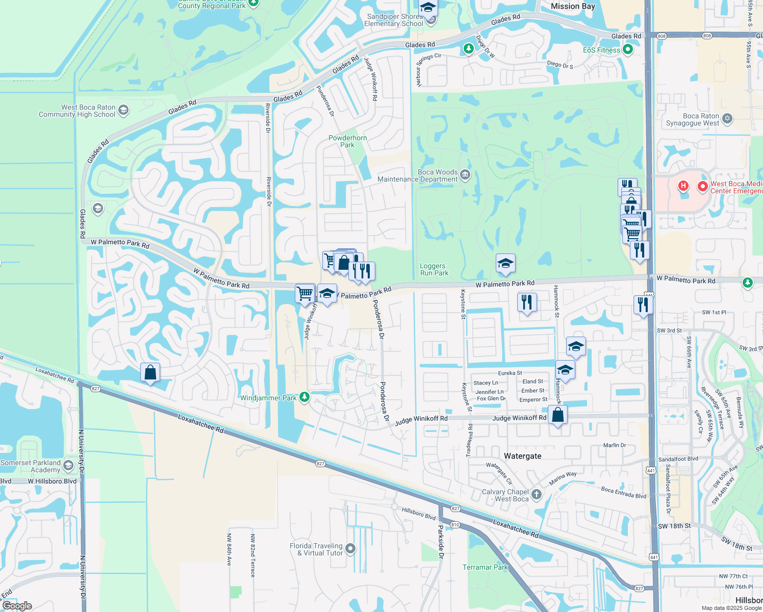 map of restaurants, bars, coffee shops, grocery stores, and more near 22141 Woodset Way in Boca Raton