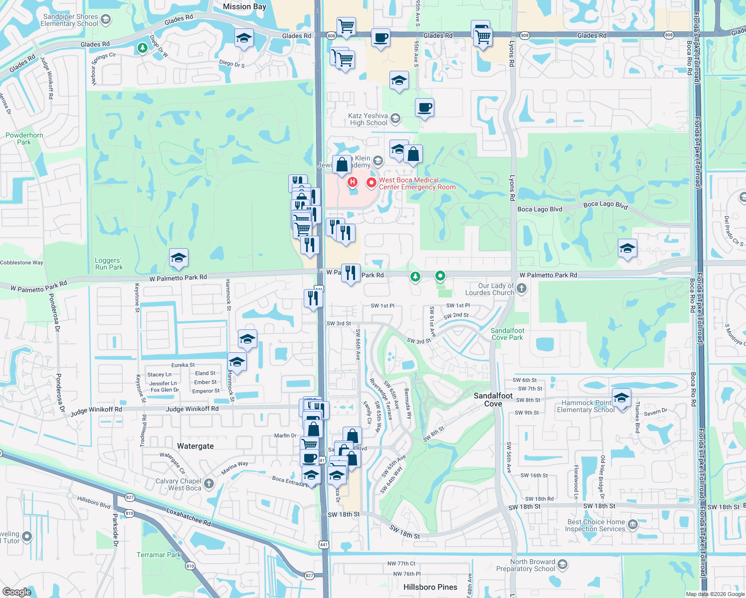 map of restaurants, bars, coffee shops, grocery stores, and more near 9728 Vineyard Court in Boca Raton